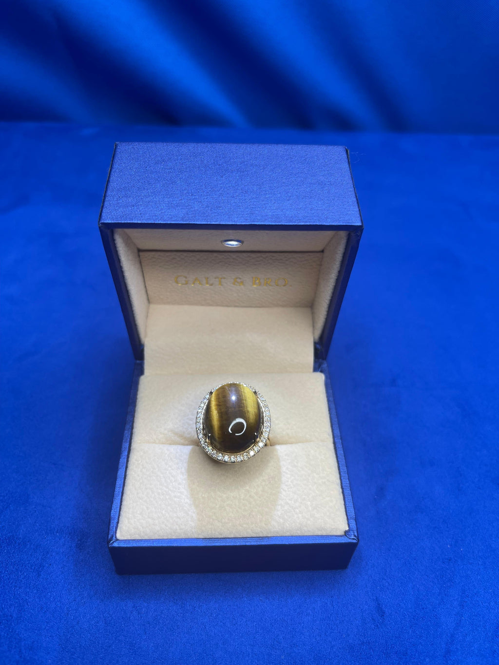 Golden Oval Tiger's Eye Cabochon Diamond Halo Cocktail 14 Karat Yellow Gold Ring