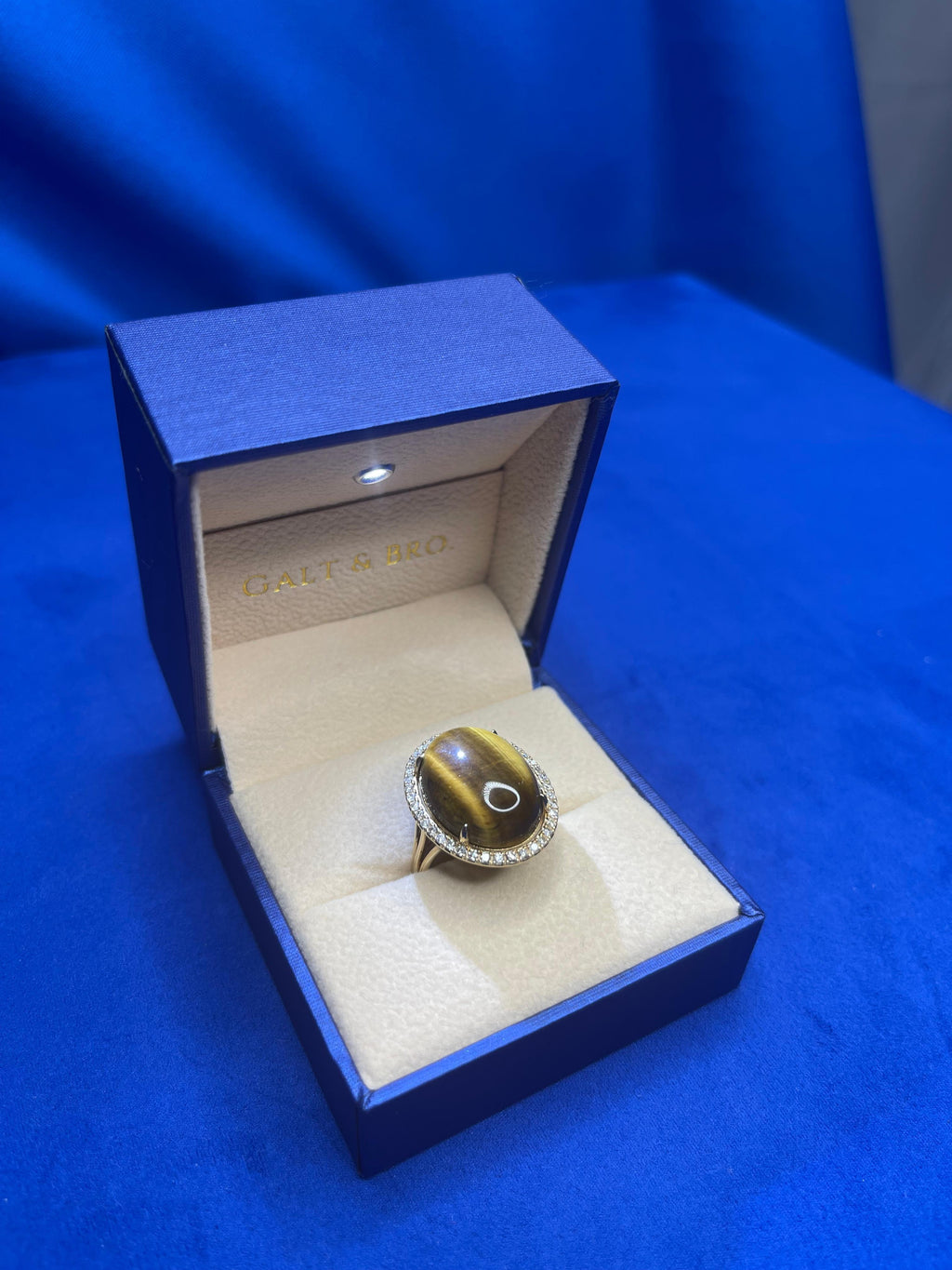Golden Oval Tiger's Eye Cabochon Diamond Halo Cocktail 14 Karat Yellow Gold Ring