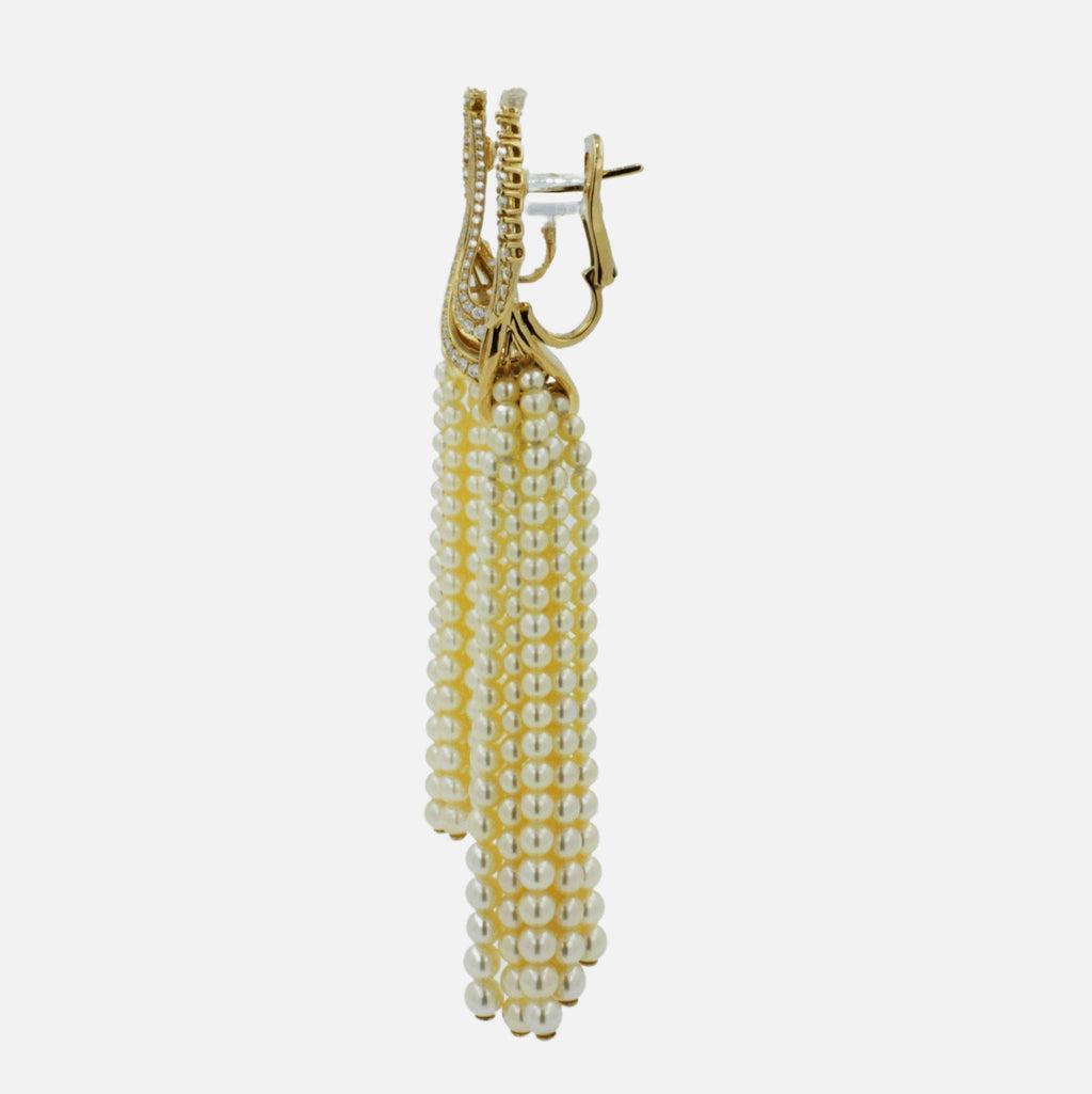 Golden White Akoya Pearl Gold Luxury Elegant Grape Cascade Wave Diamond Earrings