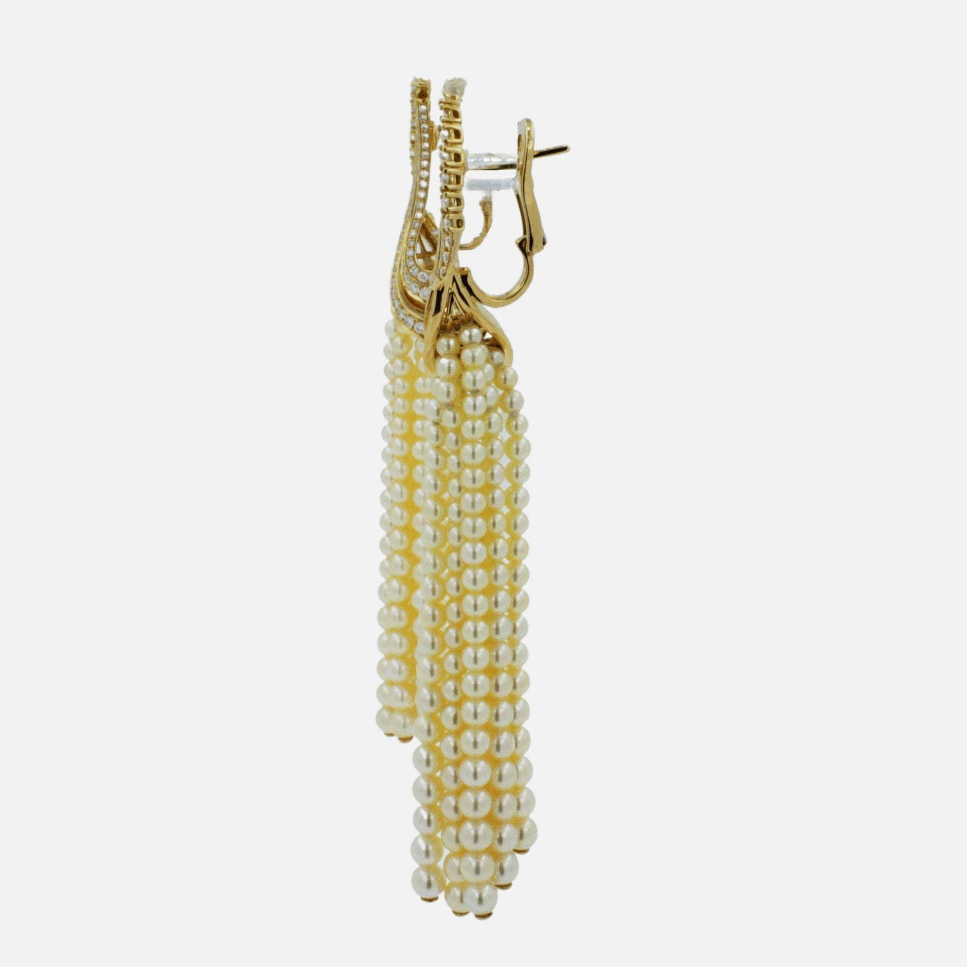 Golden White Akoya Pearl Gold Luxury Elegant Grape Cascade Wave Diamond Earrings