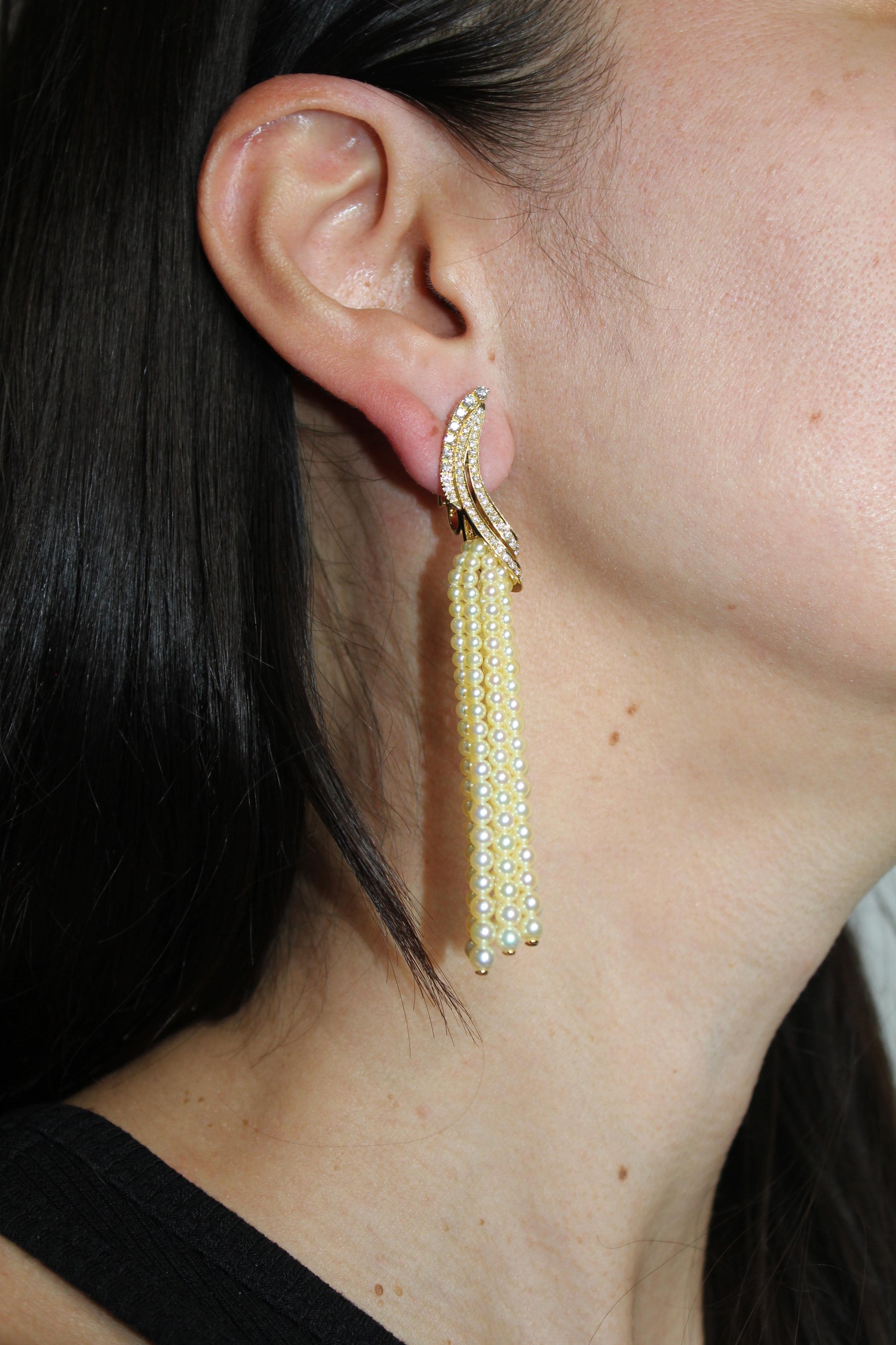 Golden White Akoya Pearl Gold Luxury Elegant Grape Cascade Wave Diamond Earrings