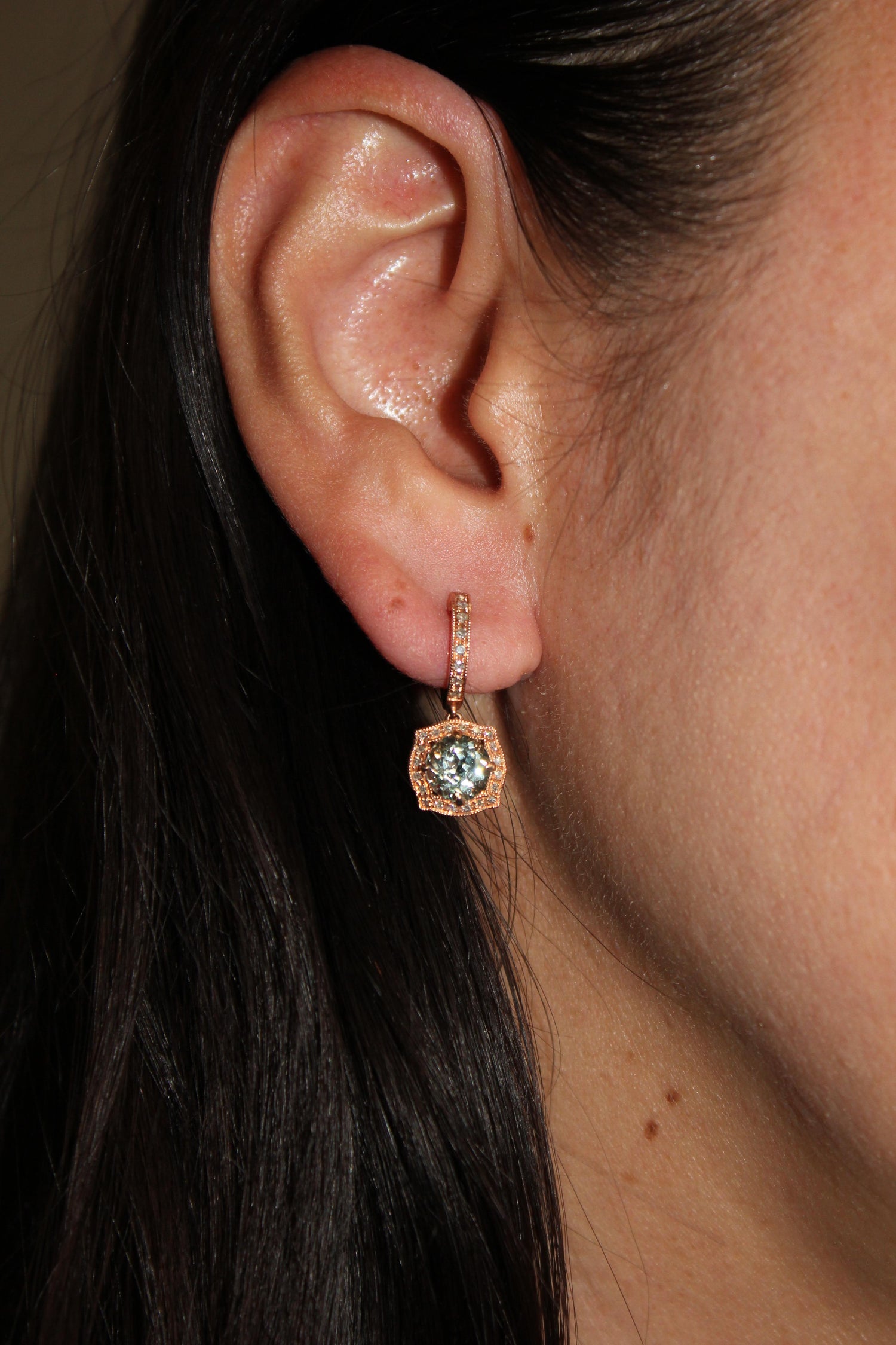 Green Amethyst Prasiolite Diamond Halo Rose Gold Huggie Drop Unique Earrings