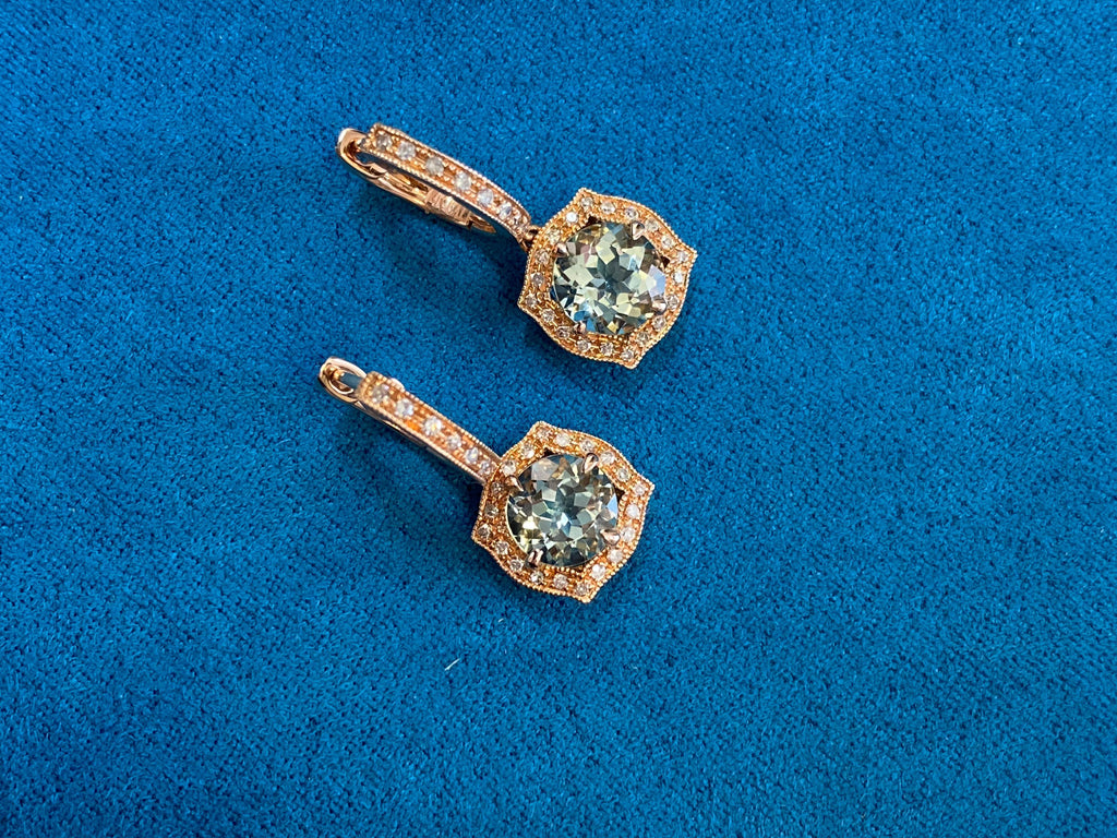 Green Amethyst Prasiolite Diamond Halo Rose Gold Huggie Drop Unique Earrings