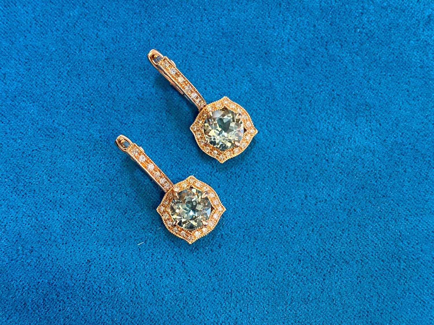 Green Amethyst Prasiolite Diamond Halo Rose Gold Huggie Drop Unique Earrings