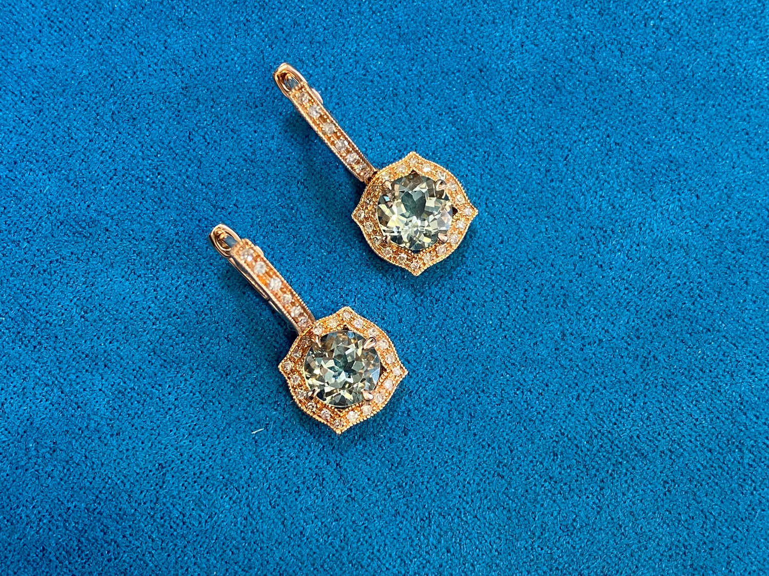 Green Amethyst Prasiolite Diamond Halo Rose Gold Huggie Drop Unique Earrings