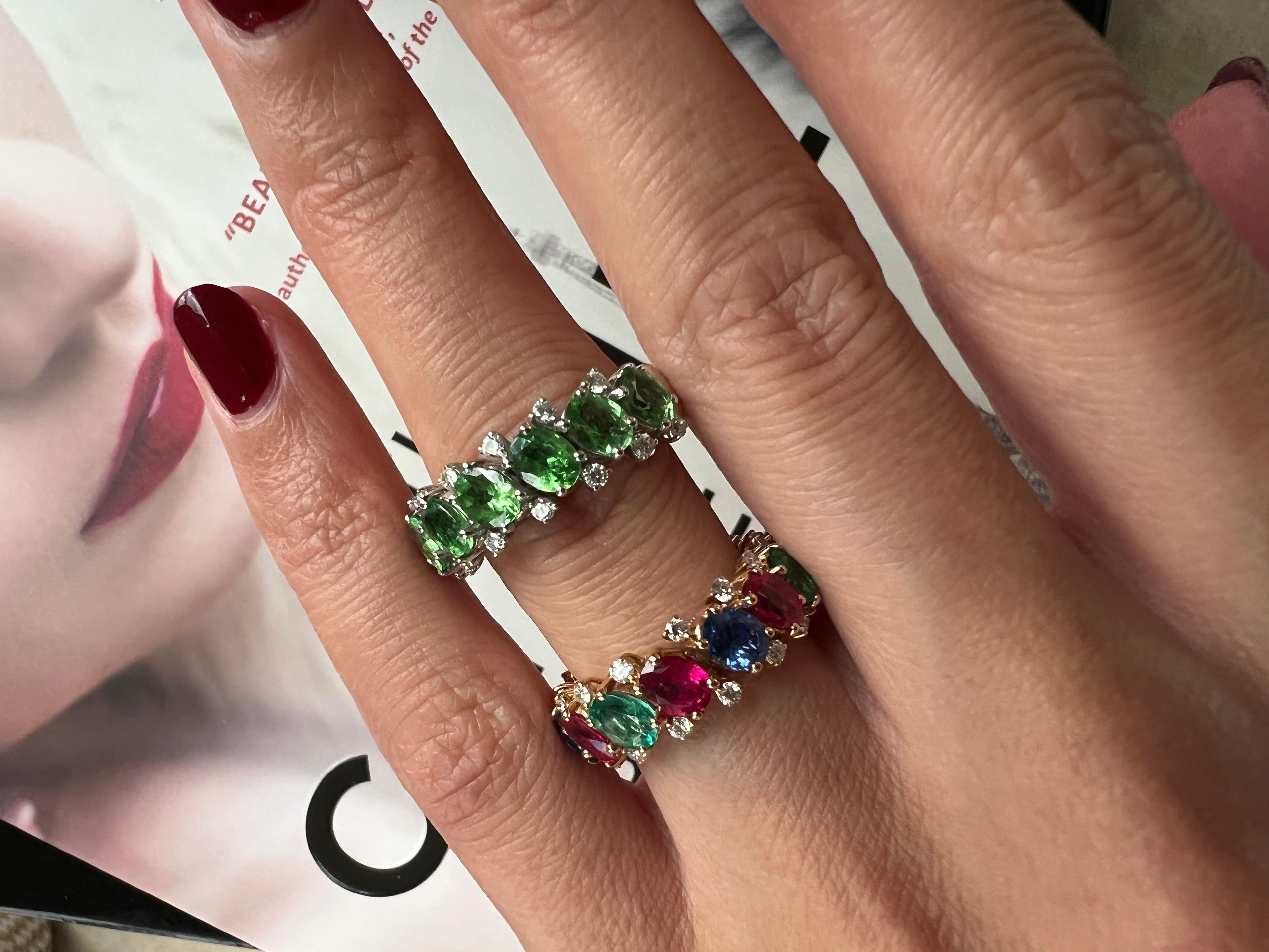 Green Garnet Tsavorite Eternity Diamond Band 18 Karat White Gold Unique Ring