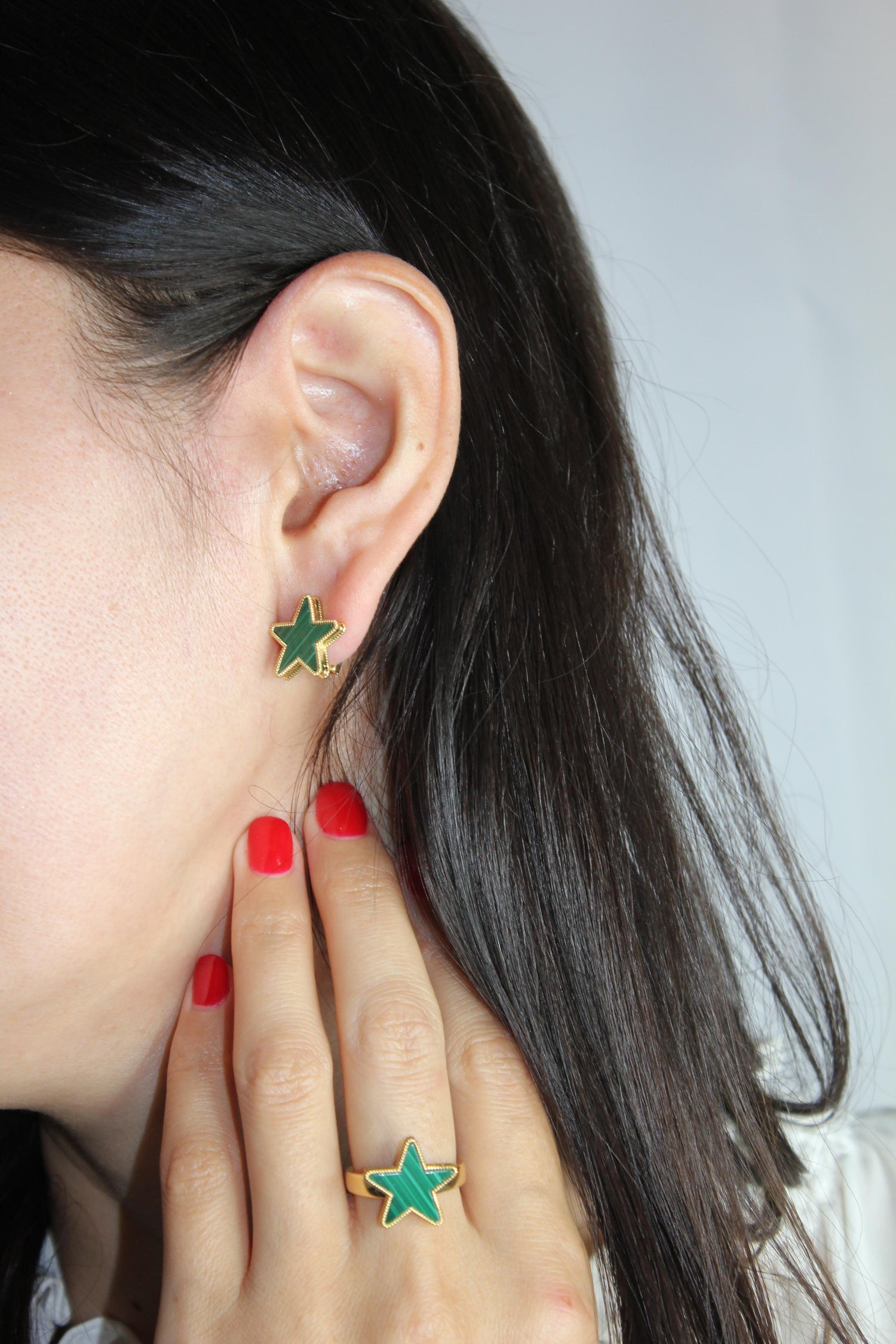 Green Malachite Star Galaxy Celestial Constellation Zodiac Yellow Gold Earrings