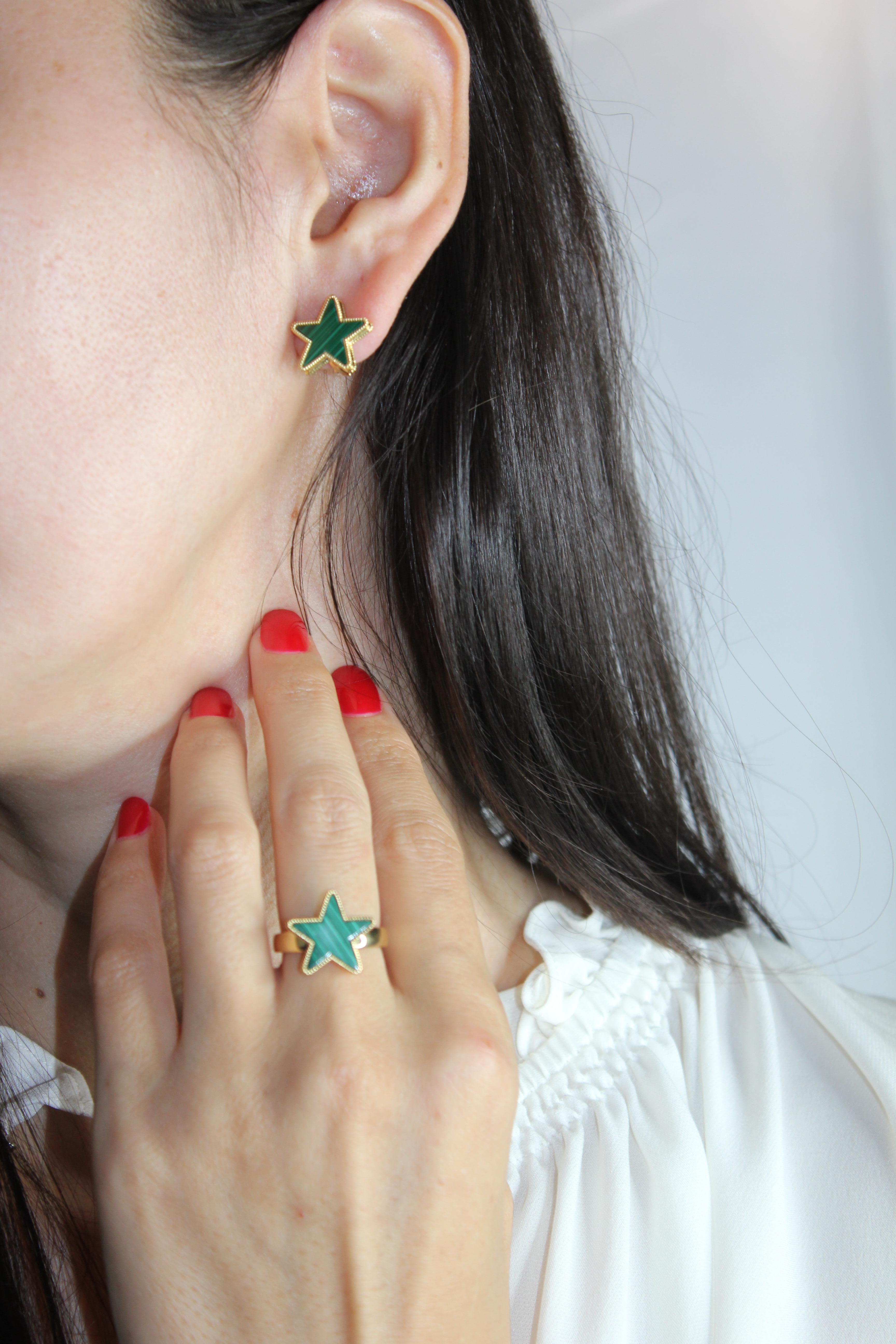 Green Malachite Star Galaxy Celestial Constellation Zodiac Yellow Gold Earrings