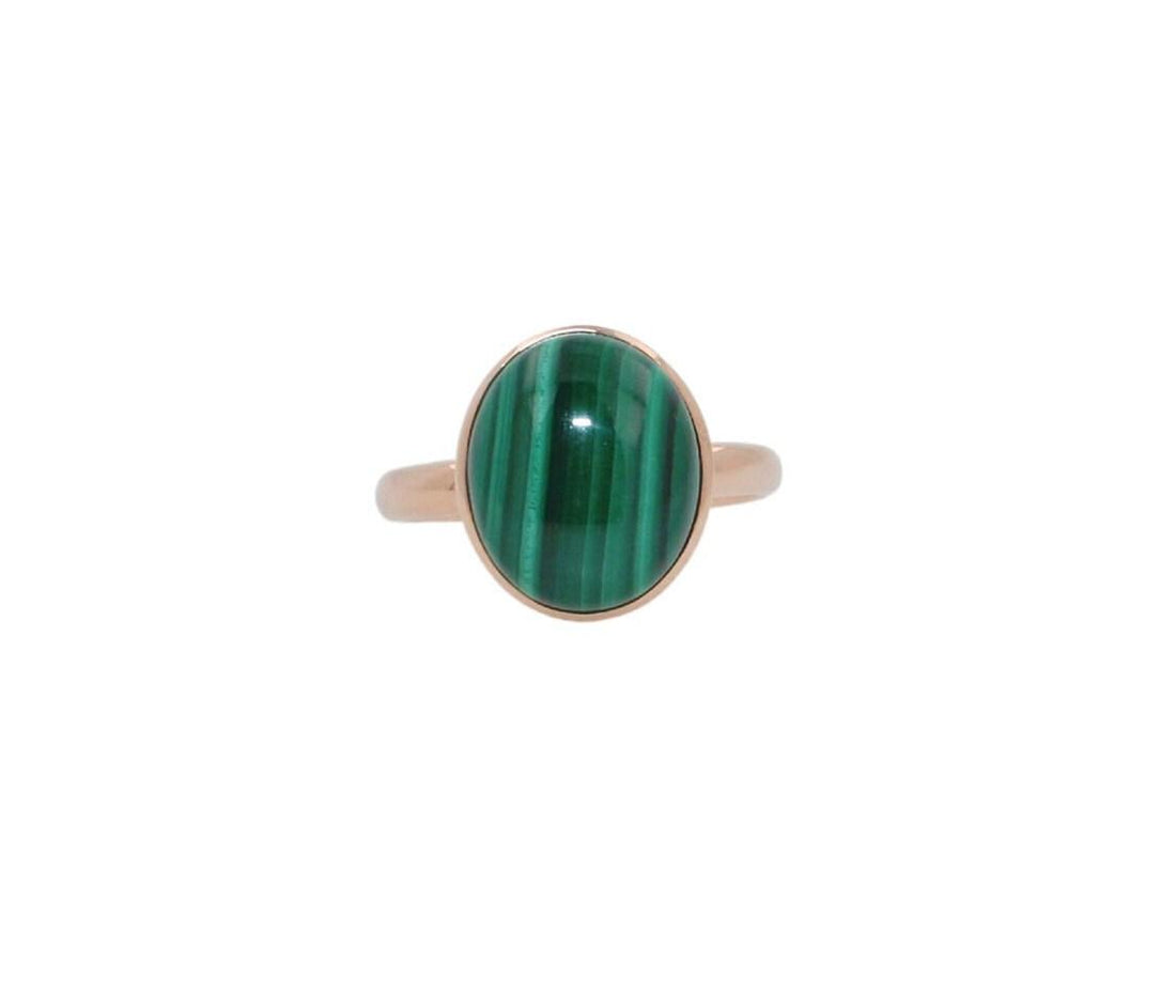 Green Oval Shape Malachite Statement Cocktail Promise Unique 14 Karat Rose Gold