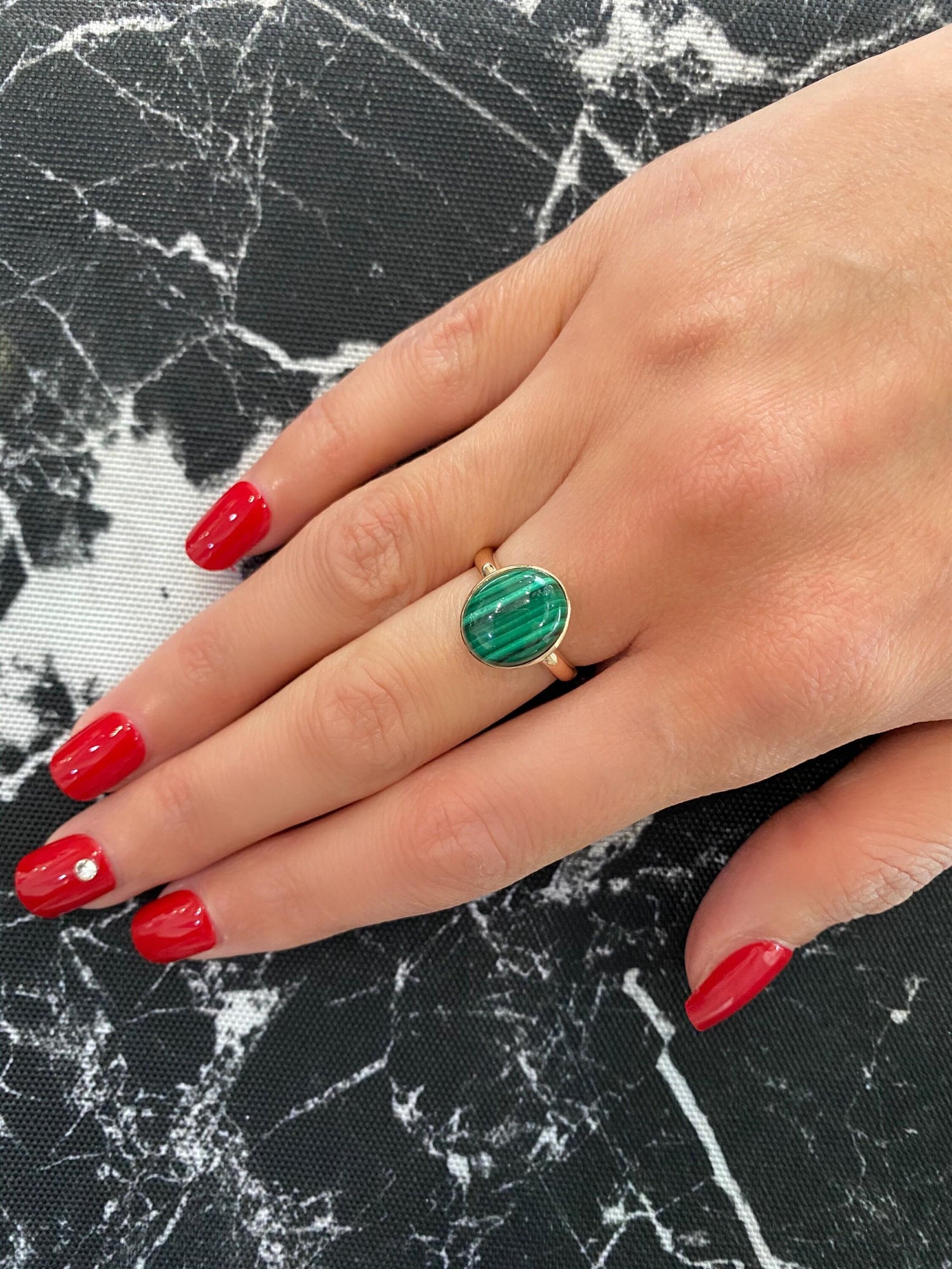 Green Oval Shape Malachite Statement Cocktail Promise Unique 14 Karat Rose Gold 