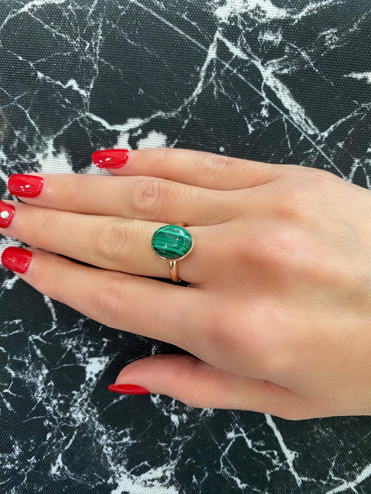 Green Oval Shape Malachite Statement Cocktail Promise Unique 14 Karat Rose Gold 