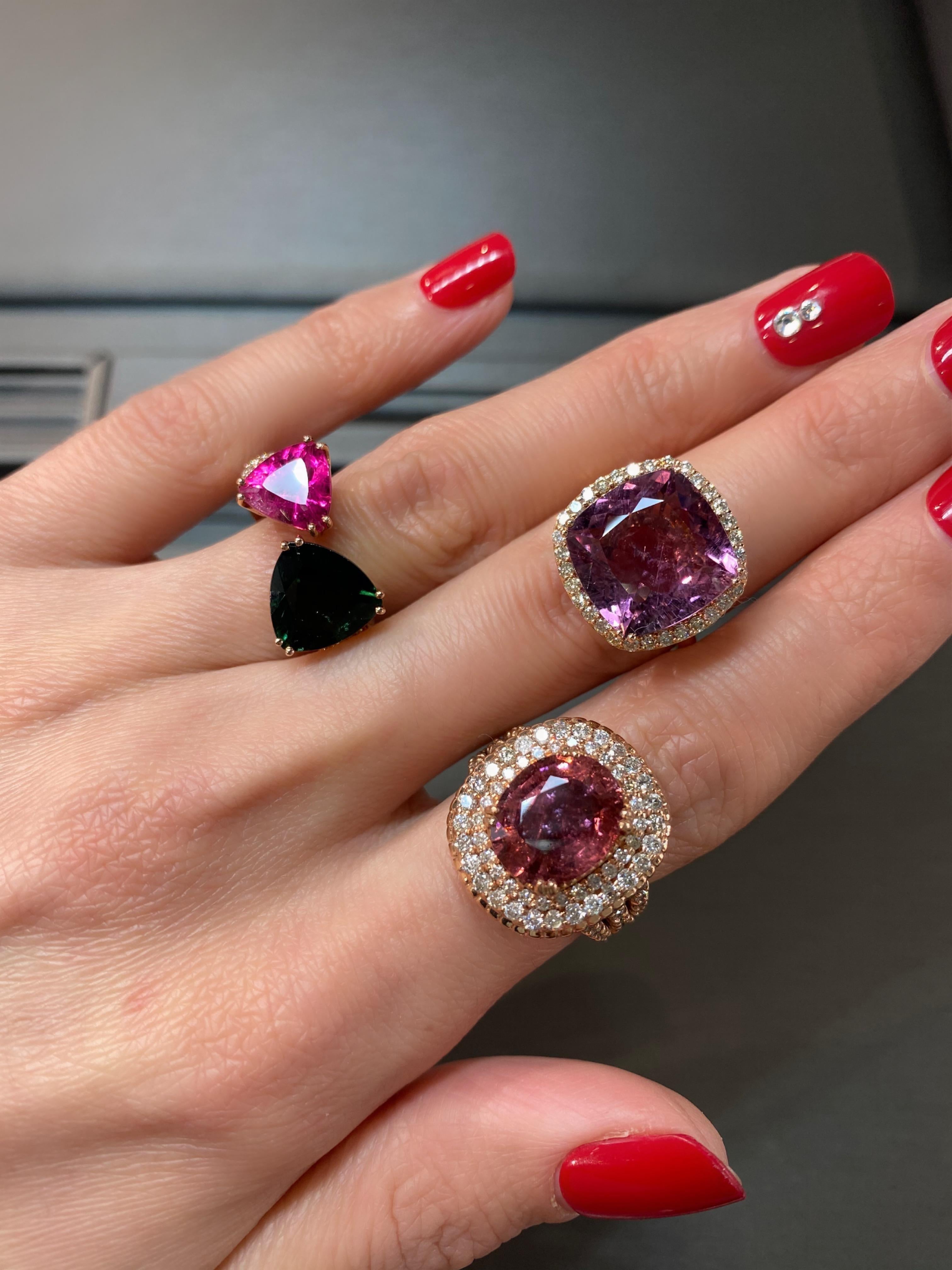 Green Pink Tourmaline Rubellite Diamond Pave Two Stone 18 Karat Rose Gold Ring