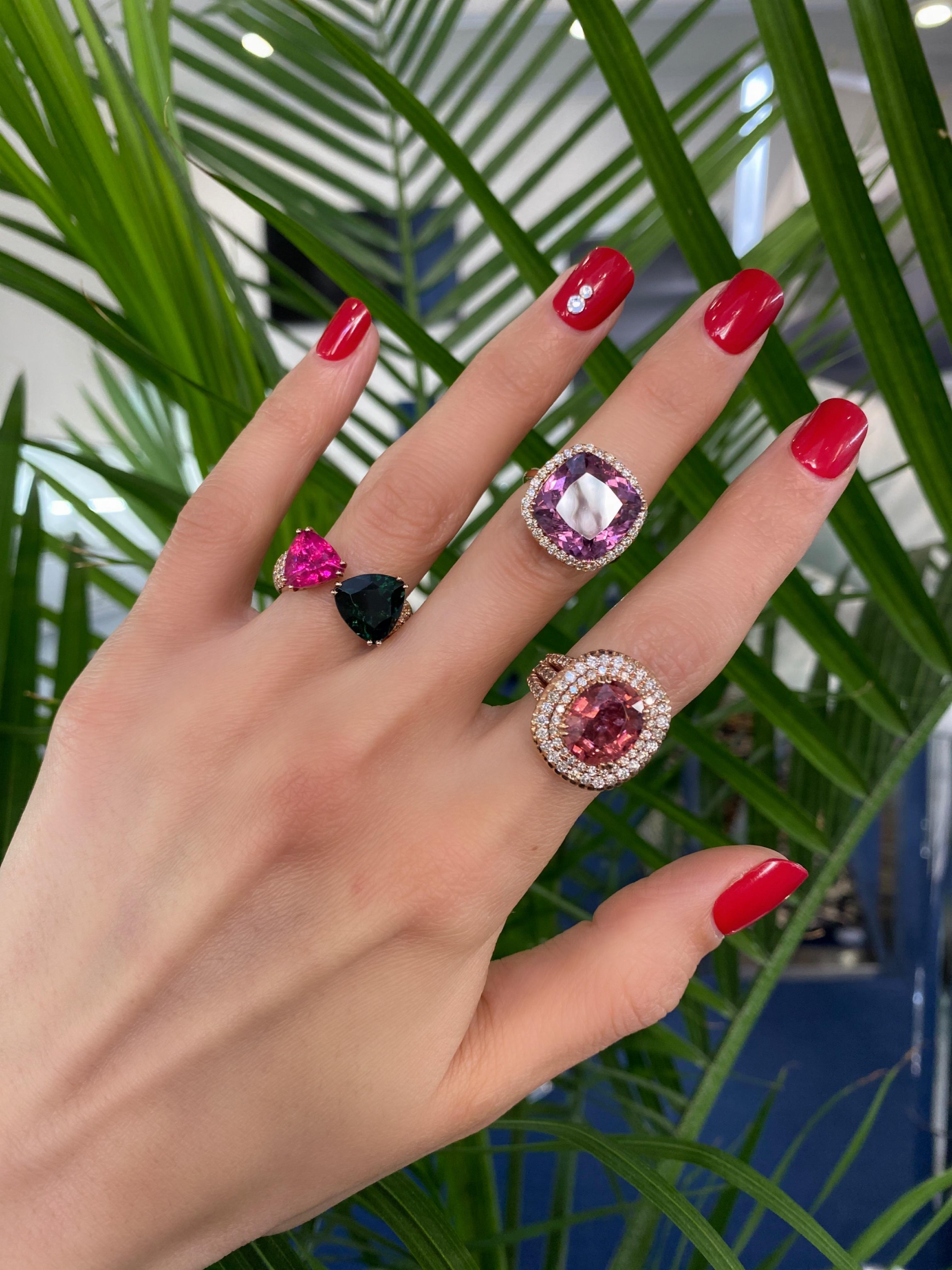 Green Pink Tourmaline Rubellite Diamond Pave Two Stone 18 Karat Rose Gold Ring