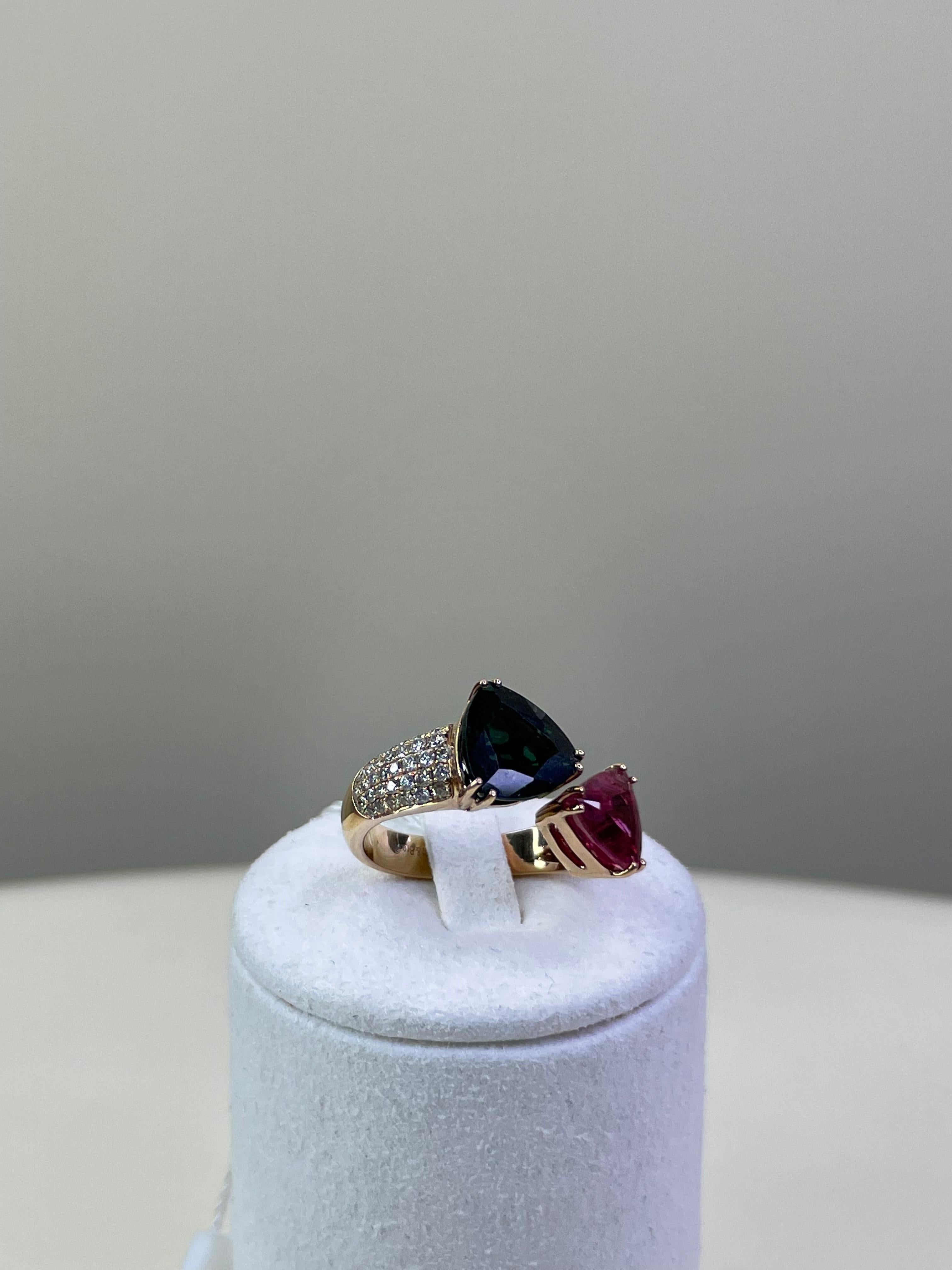 Green Pink Tourmaline Rubellite Diamond Pave Two Stone 18 Karat Rose Gold Ring