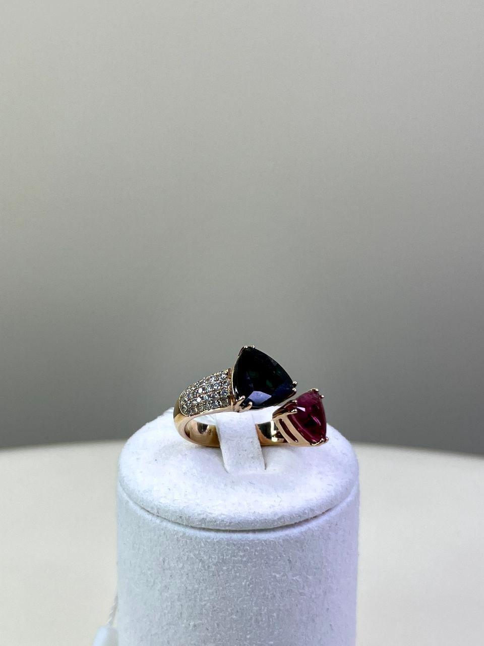 Green Pink Tourmaline Rubellite Diamond Pave Two Stone 18 Karat Rose Gold Ring