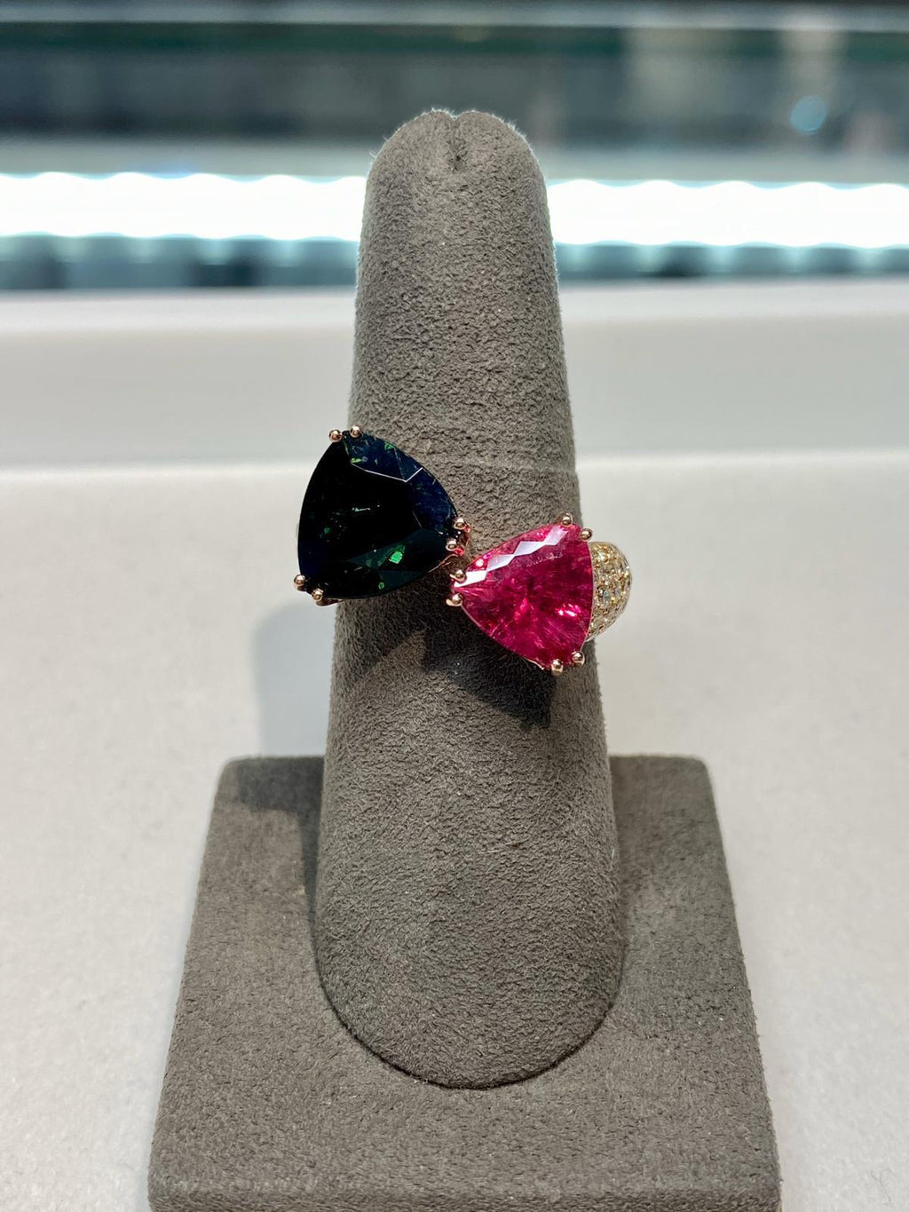 Green Pink Tourmaline Rubellite Diamond Pave Two Stone 18 Karat Rose Gold Ring