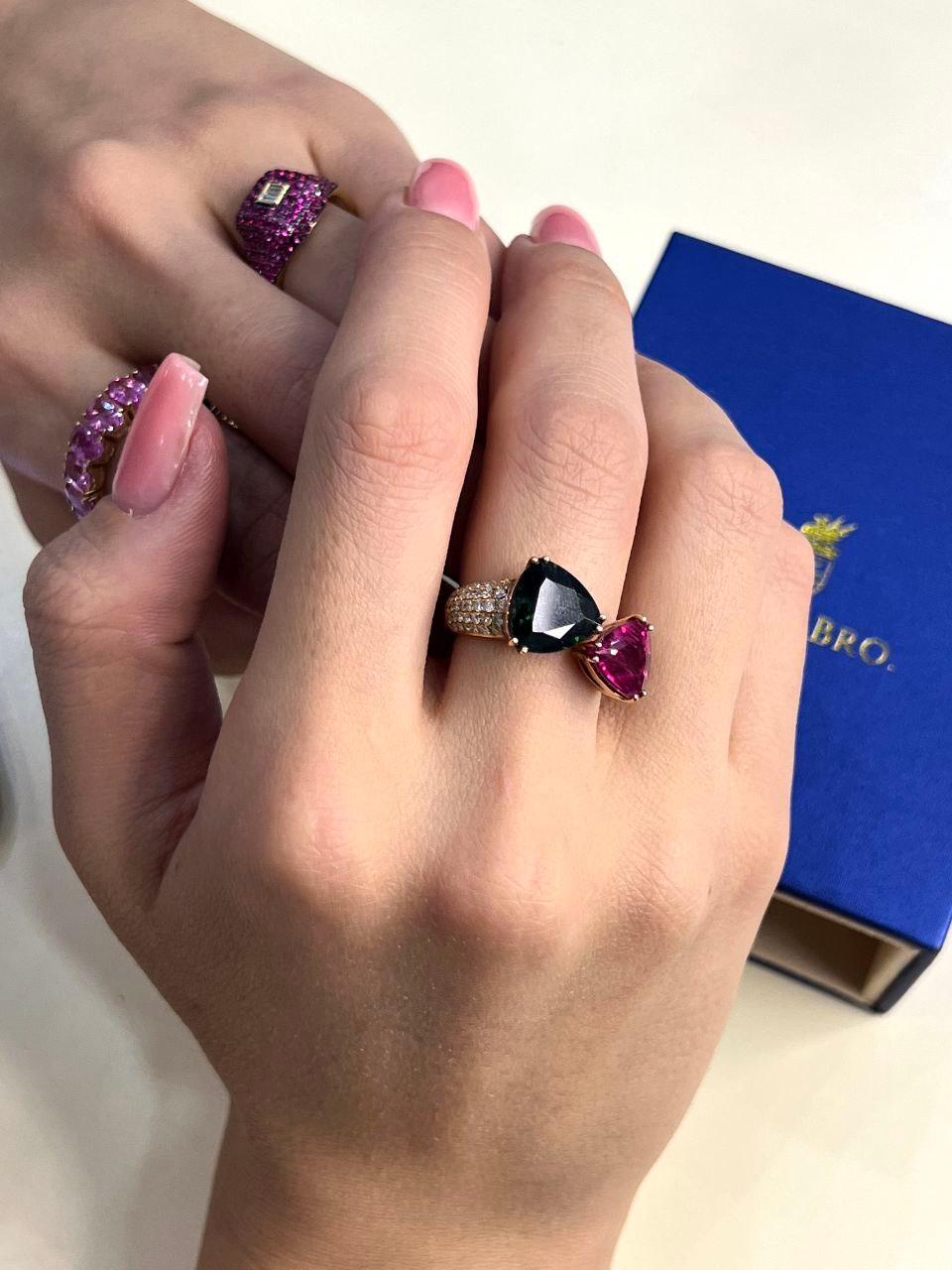 Green Pink Tourmaline Rubellite Diamond Pave Two Stone 18 Karat Rose Gold Ring
