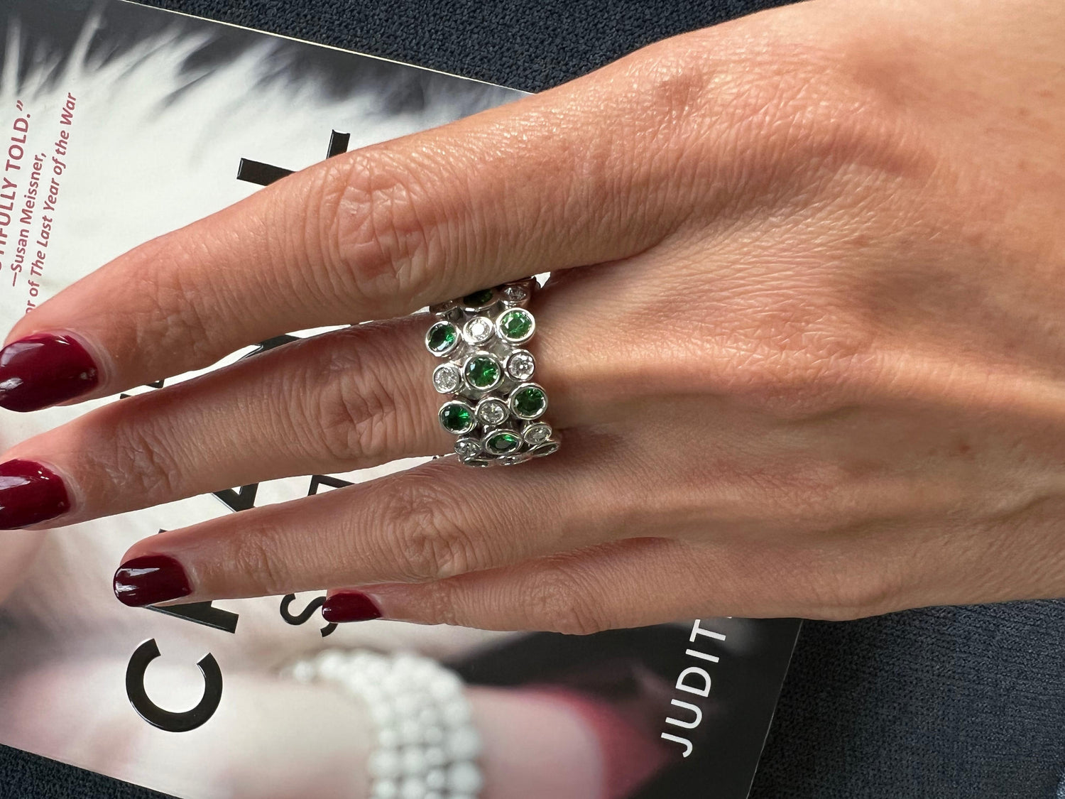Green Tsavorite Diamond Flexible Bezel Eternity Band 18 Karat White Gold Ring