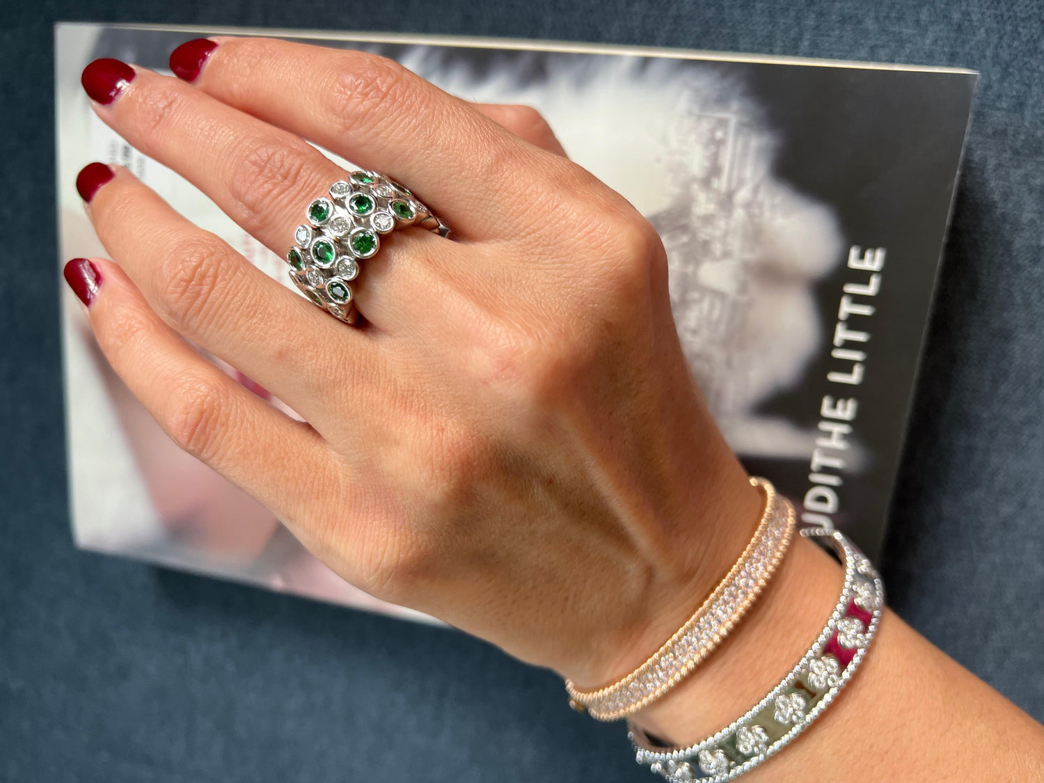 Green Tsavorite Diamond Flexible Bezel Eternity Band 18 Karat White Gold Ring