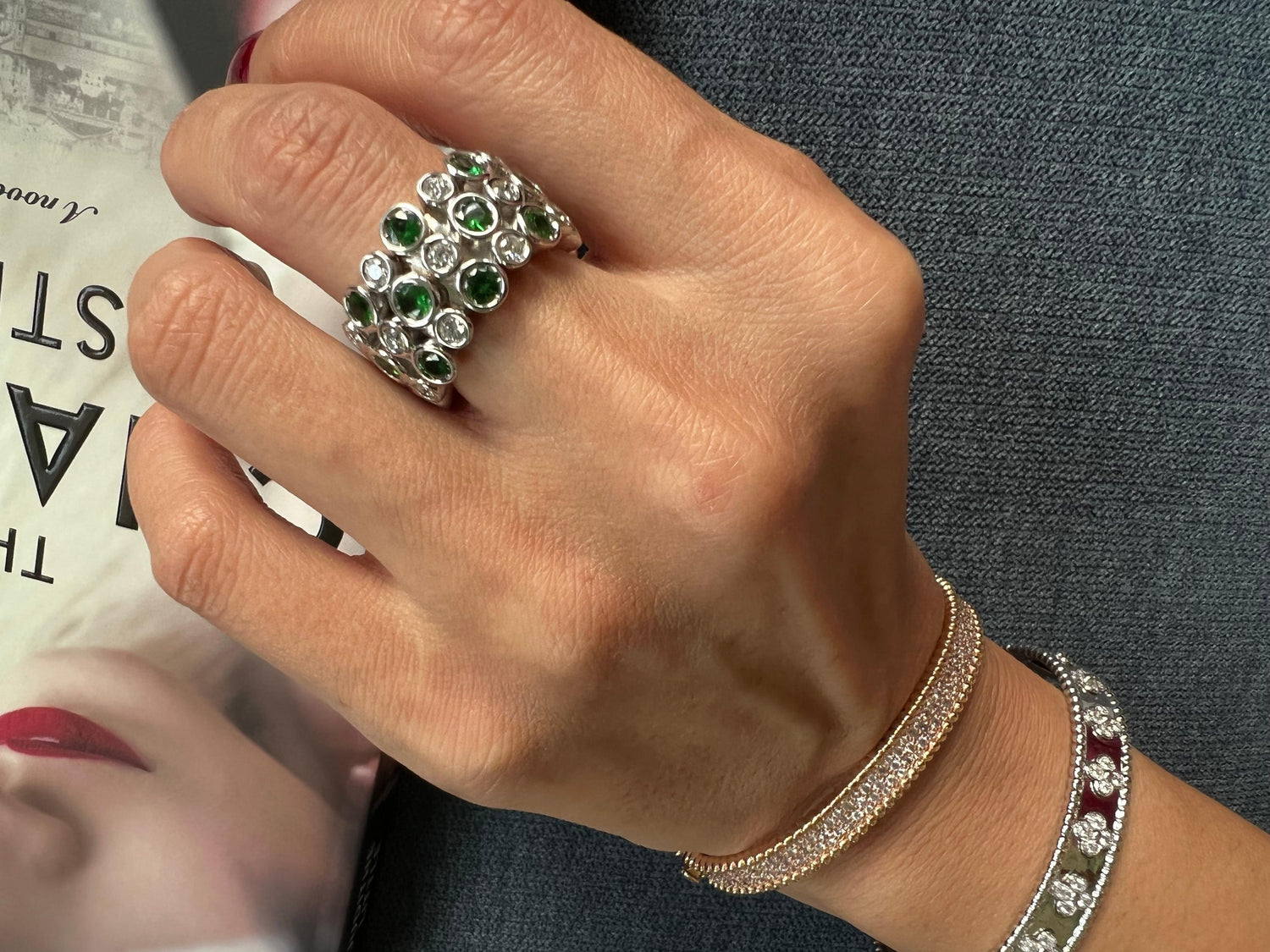 Green Tsavorite Diamond Flexible Bezel Eternity Band 18 Karat White Gold Ring