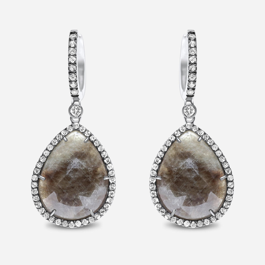 Grey Silvery Dark Green Black Sapphire Faceted Cabochon Slice Diamond Halo Drop