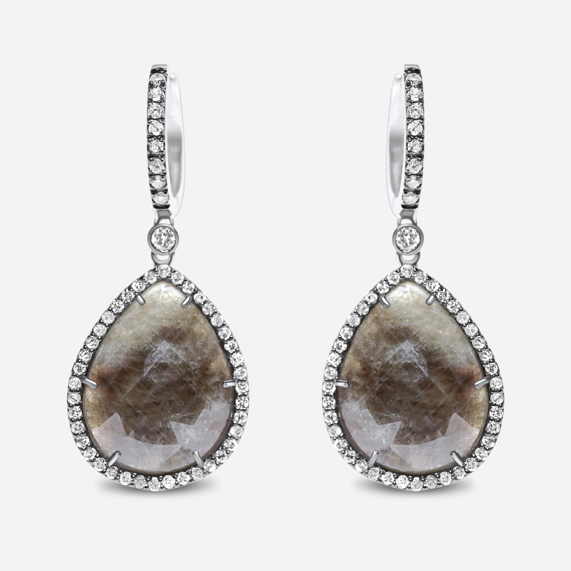 Grey Silvery Dark Green Black Sapphire Faceted Cabochon Slice Diamond Halo Drop 