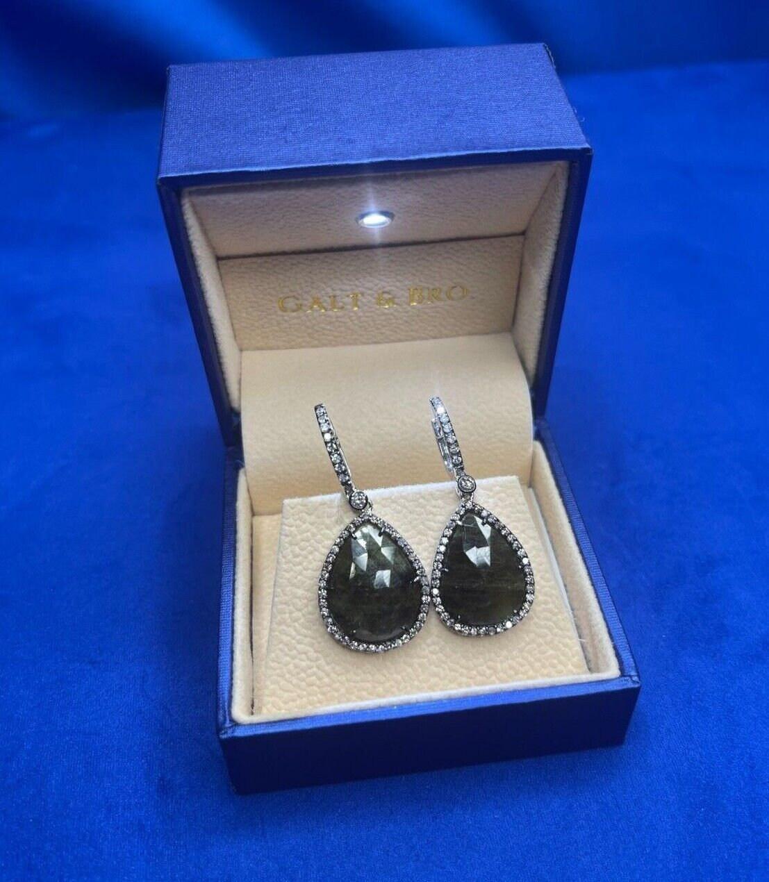 Grey Silvery Dark Green Black Sapphire Faceted Cabochon Slice Diamond Halo Drop 