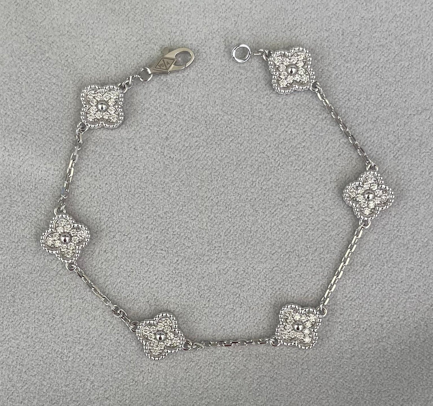Van Cleef &amp; Arpels Sweet Alhambra Diamond Pave 6 Motifs 18K White Gold Bracelet