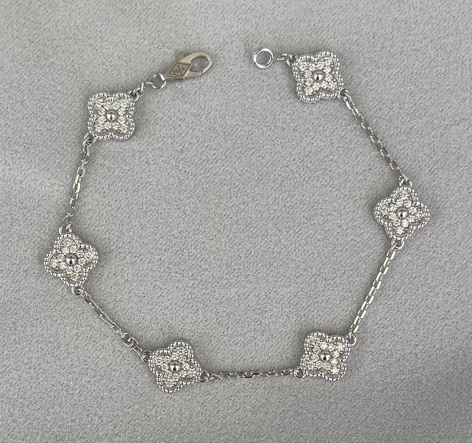 Van Cleef &amp; Arpels Sweet Alhambra Diamond Pave 6 Motifs 18K White Gold Bracelet