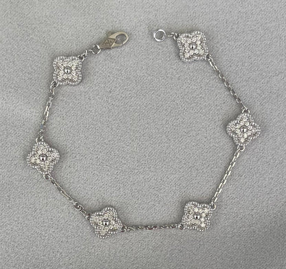 Van Cleef &amp; Arpels Sweet Alhambra Diamond Pave 6 Motifs 18K White Gold Bracelet