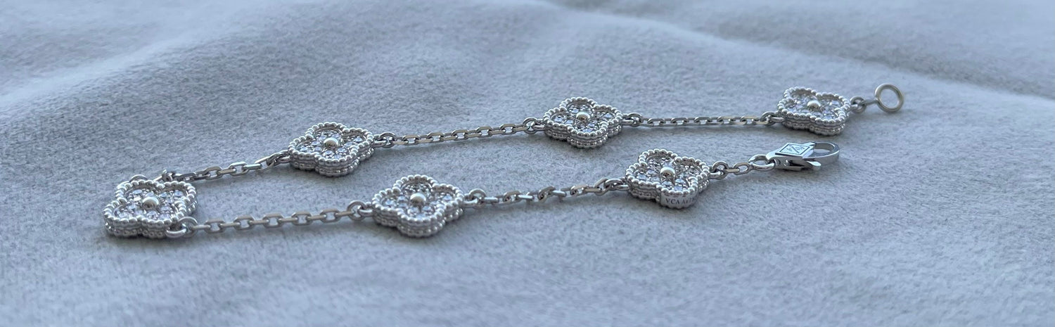 Van Cleef &amp; Arpels Sweet Alhambra Diamond Pave 6 Motifs 18K White Gold Bracelet