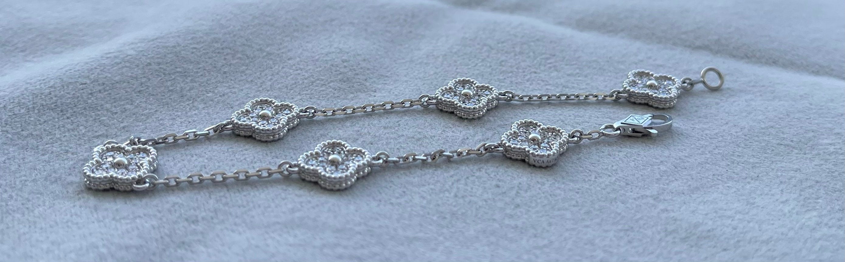 Van Cleef &amp; Arpels Sweet Alhambra Diamond Pave 6 Motifs 18K White Gold Bracelet
