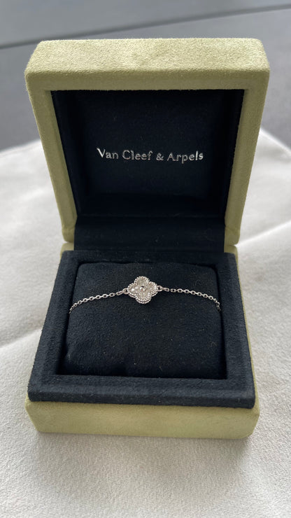 Van Cleef &amp; Arpels Sweet Alhambra Diamond Pave 1 Motif 18K White Gold Bracelet