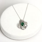 Oval Shape Green Emerald White Diamond Halo 14K White Gold Pendant Necklace