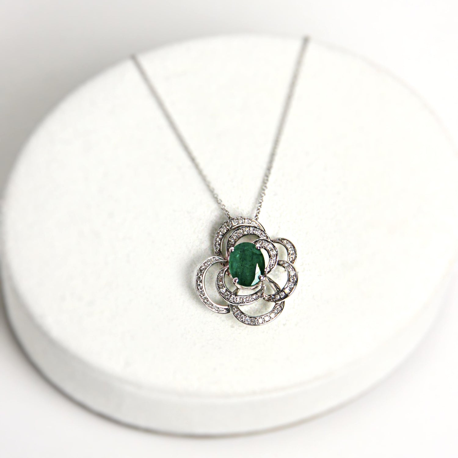 Oval Shape Green Emerald White Diamond Halo 14K White Gold Pendant Necklace