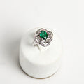Oval Shape Green Emerald 14K White Gold Diamond Halo Floral Flower Spirals Ring
