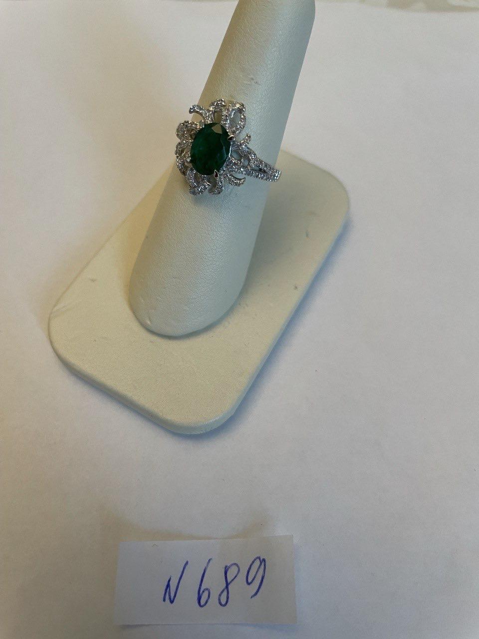 Oval Shape Green Emerald Diamond Pave Halo Set 14K White Gold Statement Ring