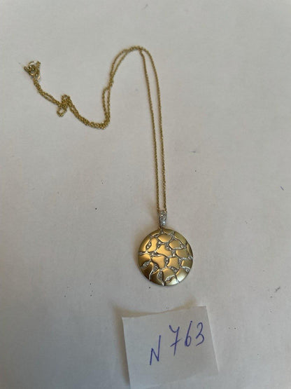 Hammered Diamonds Pave Set Earth Rock 14K Yellow Gold Pendant Medallion Necklace