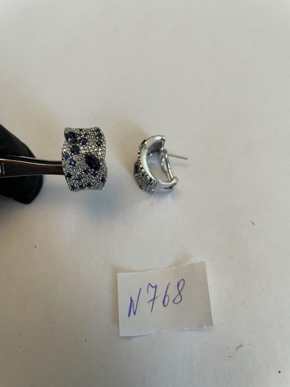 Blue Sapphire Cluster Shape Diamonds Pave Set 14K White Gold Statement Earrings