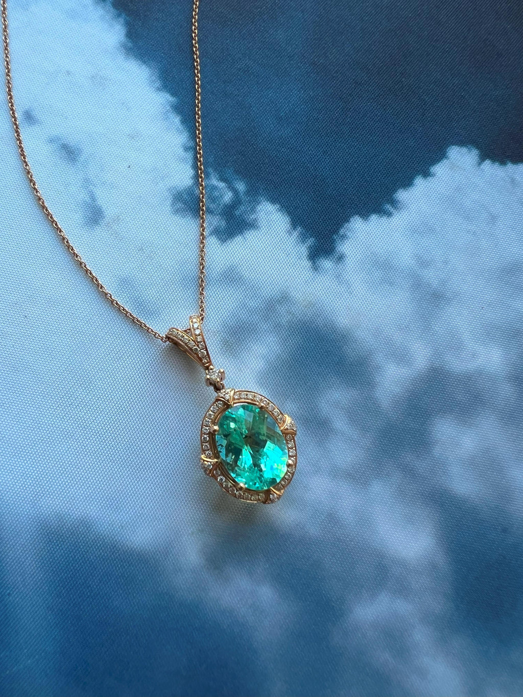 Teal Paraiba Tourmaline Diamond Halo Unique 18 Karat Rose Gold Pendant Necklace