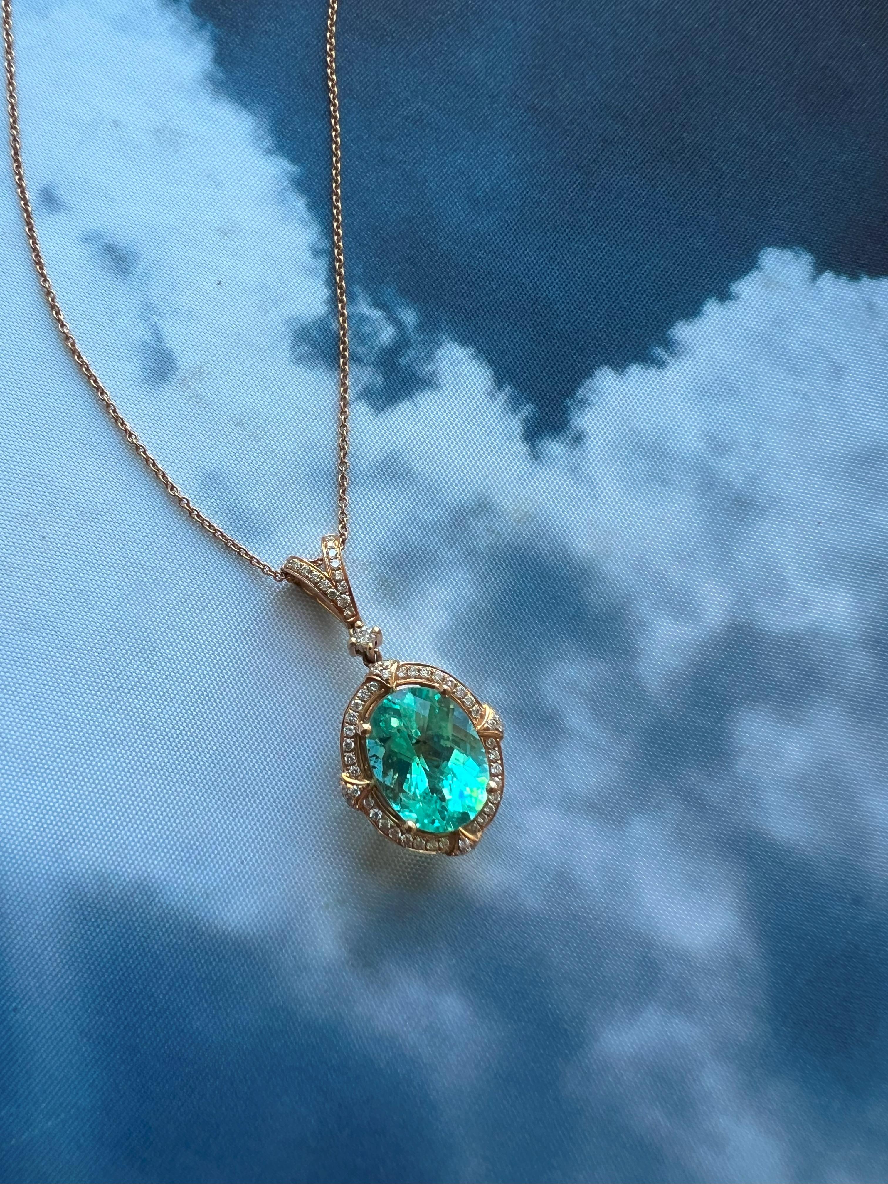 Teal Paraiba Tourmaline Diamond Halo Unique 18 Karat Rose Gold Pendant Necklace