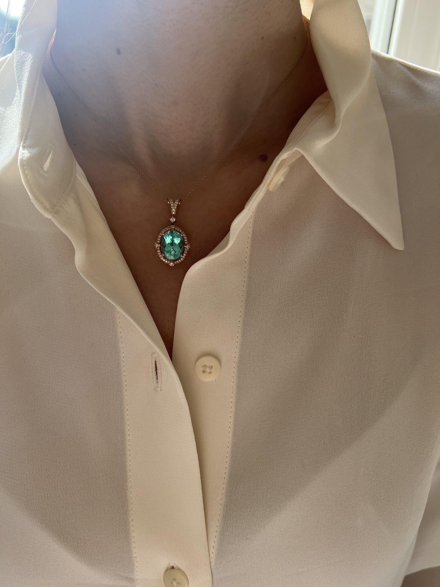 Teal Paraiba Tourmaline Diamond Halo Unique 18 Karat Rose Gold Pendant Necklace