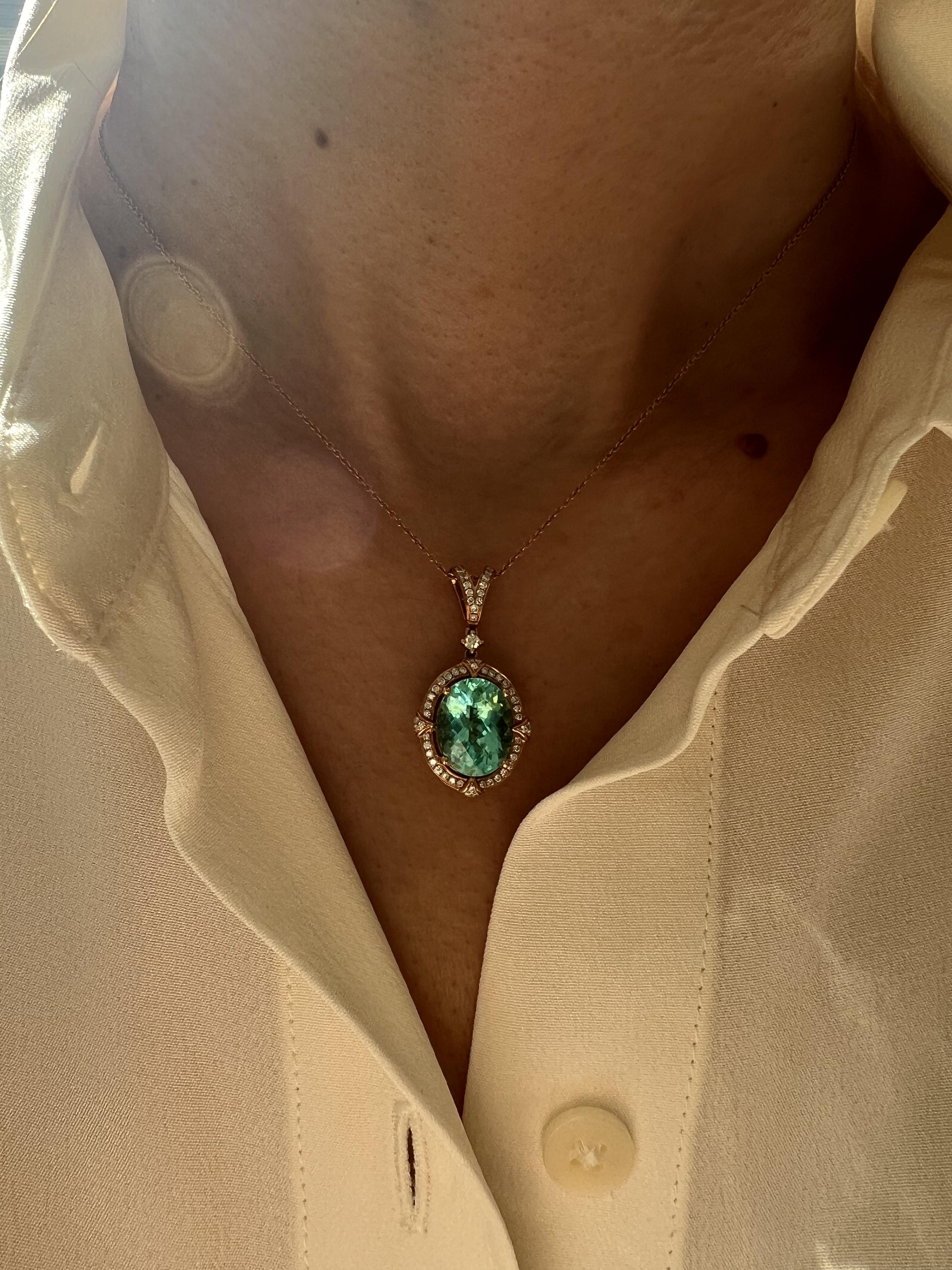 Teal Paraiba Tourmaline Diamond Halo Unique 18 Karat Rose Gold Pendant Necklace
