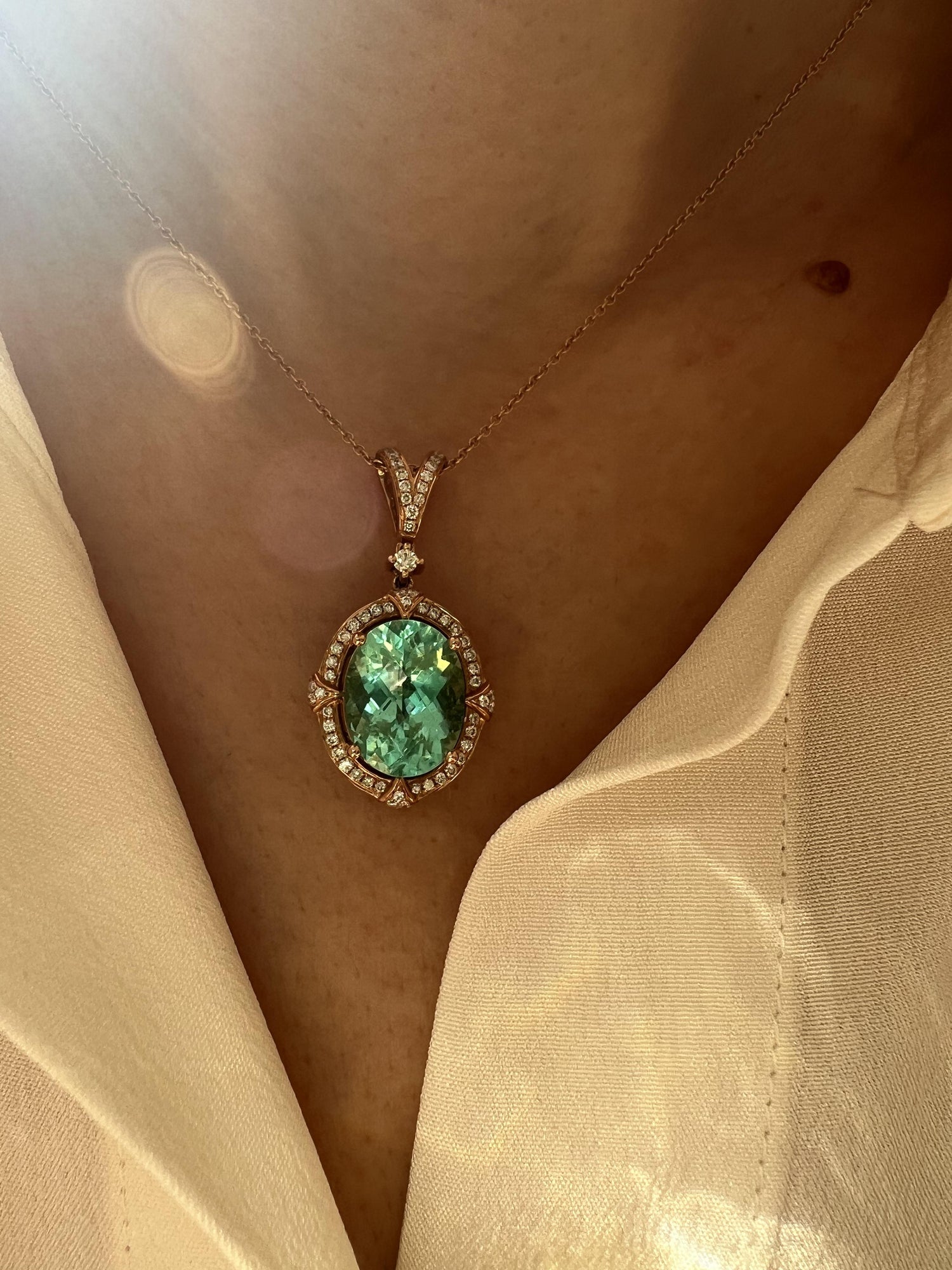 Teal Paraiba Tourmaline Diamond Halo Unique 18 Karat Rose Gold Pendant Necklace