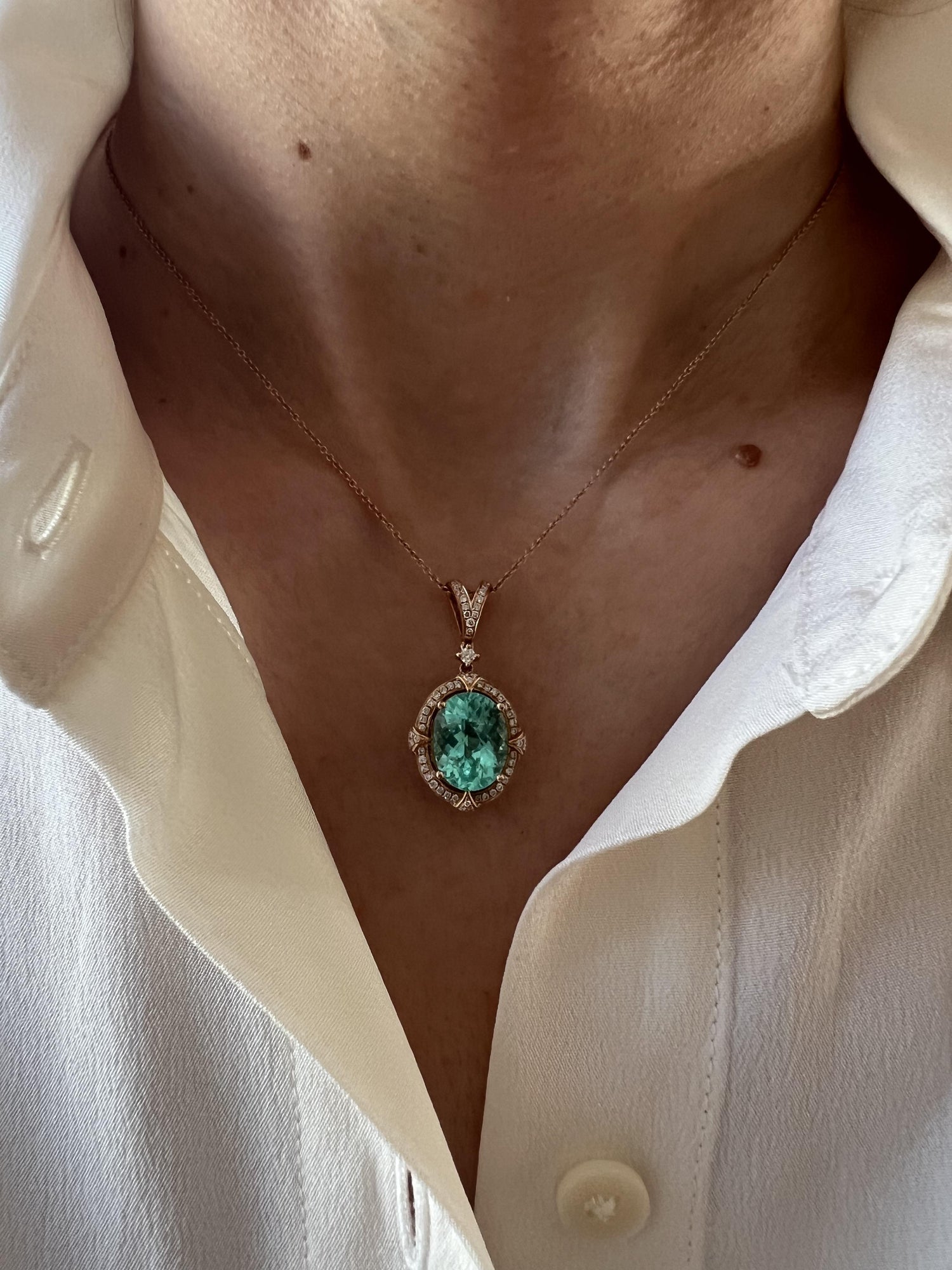 Teal Paraiba Tourmaline Diamond Halo Unique 18 Karat Rose Gold Pendant Necklace