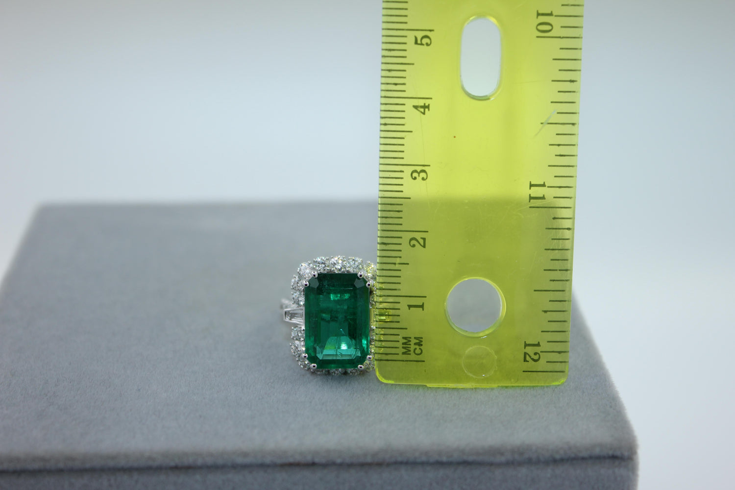 Green Emerald Octagon Cut Rectangle Diamond Halo Baguette 18K White Gold Ring