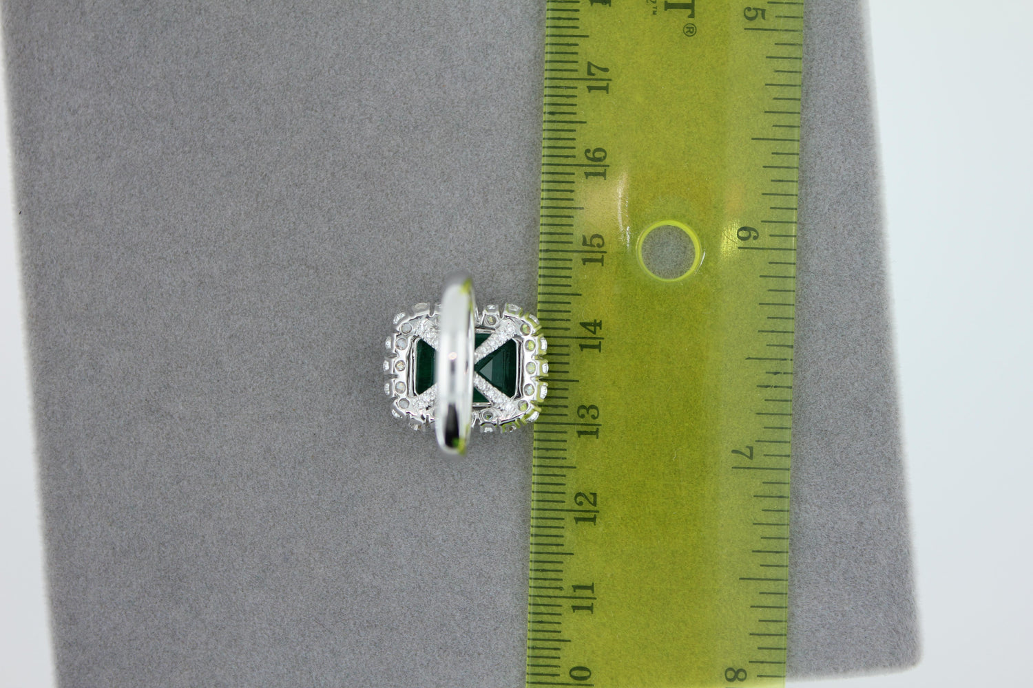 Green Emerald Octagon Cut Rectangle Diamond Halo Baguette 18K White Gold Ring