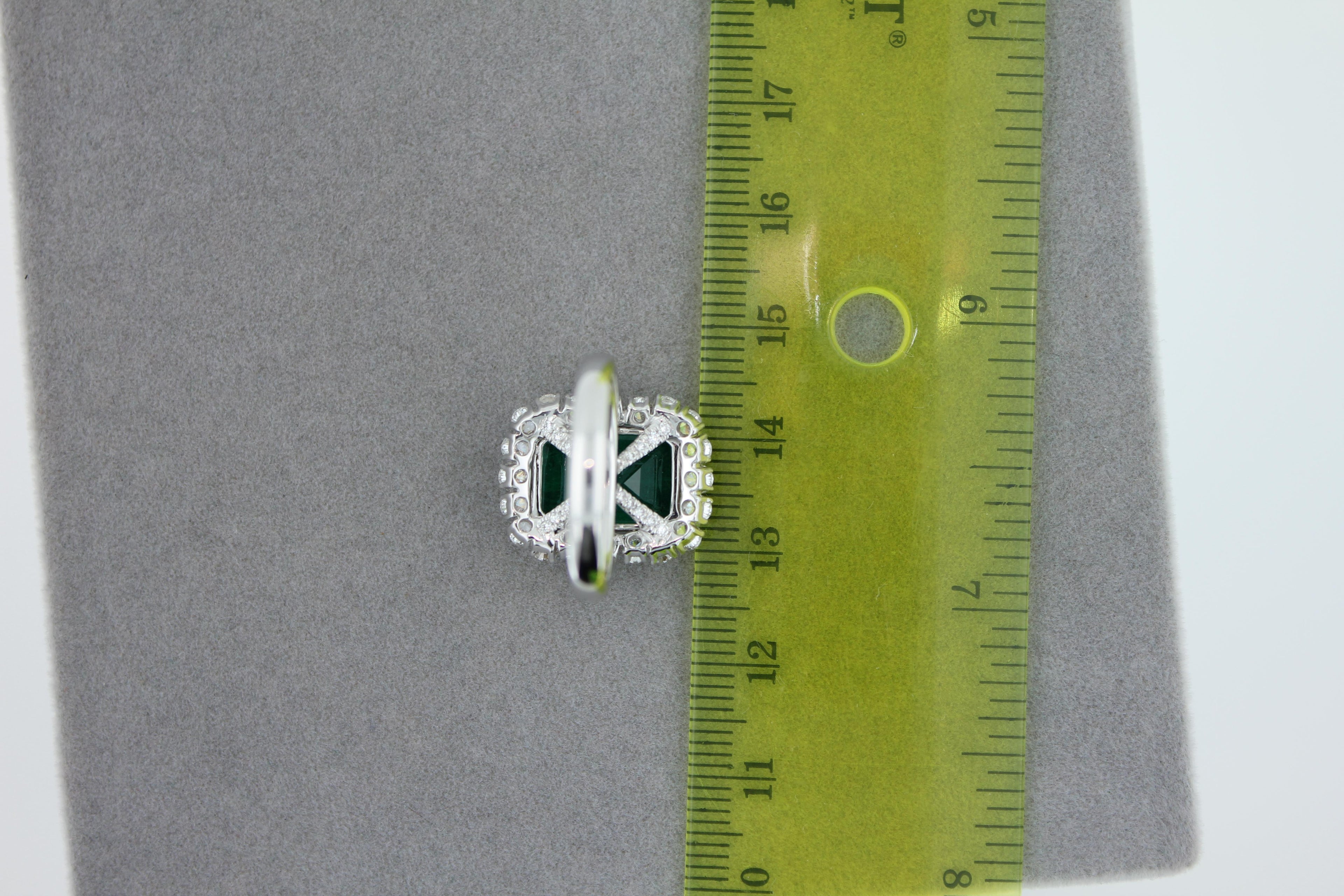 Green Emerald Octagon Cut Rectangle Diamond Halo Baguette 18K White Gold Ring