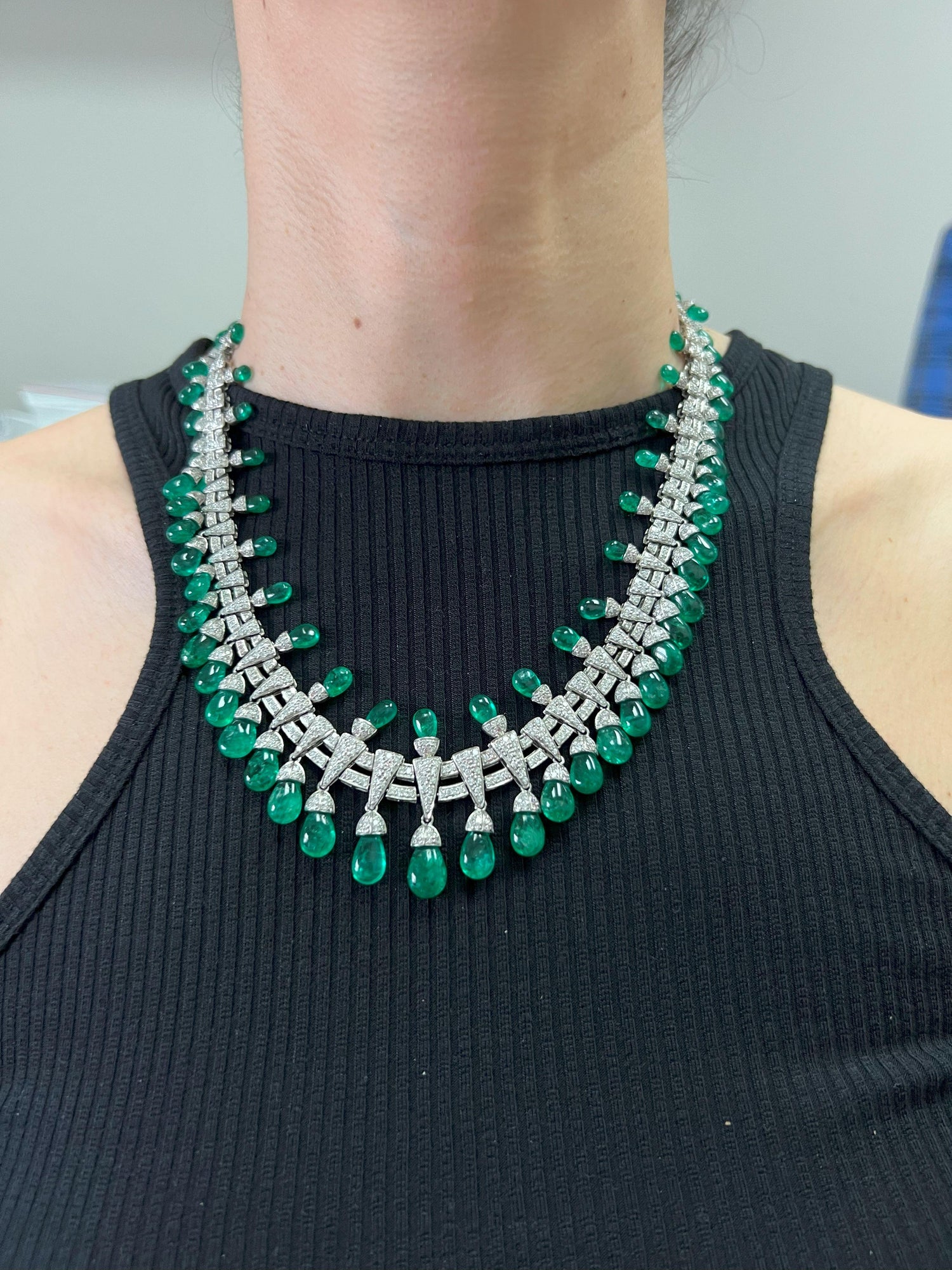 Colombian Emerald Briolette Drops Diamond Pave Princess Necklace