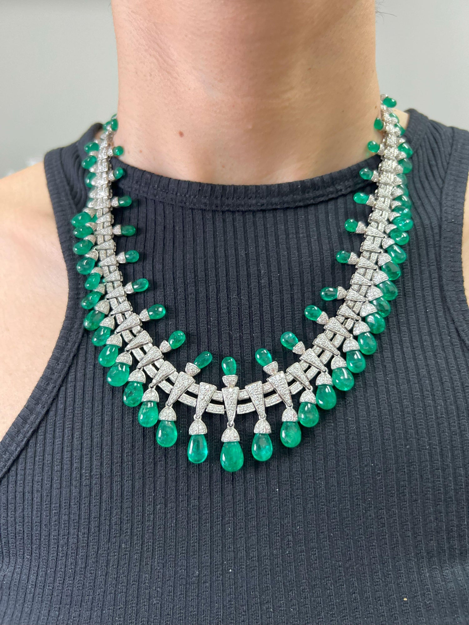 Colombian Emerald Briolette Drops Diamond Pave Princess Necklace
